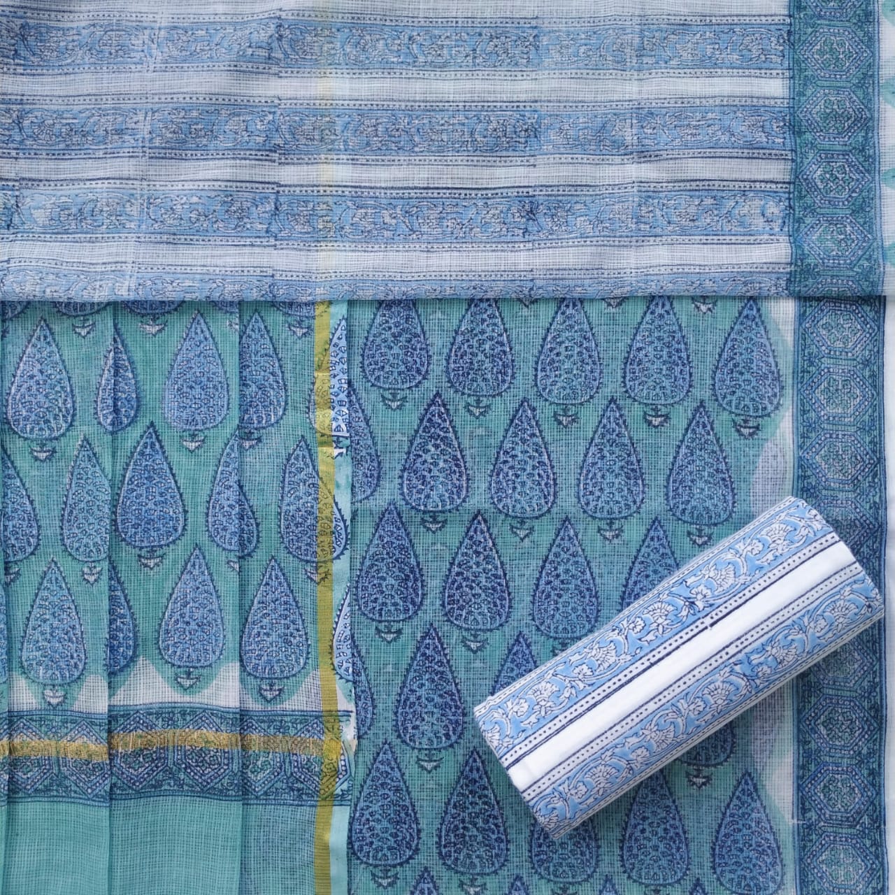 Shop Unstitched Hand Block Print Premium Kota Doria Suit Sets (3KD17)