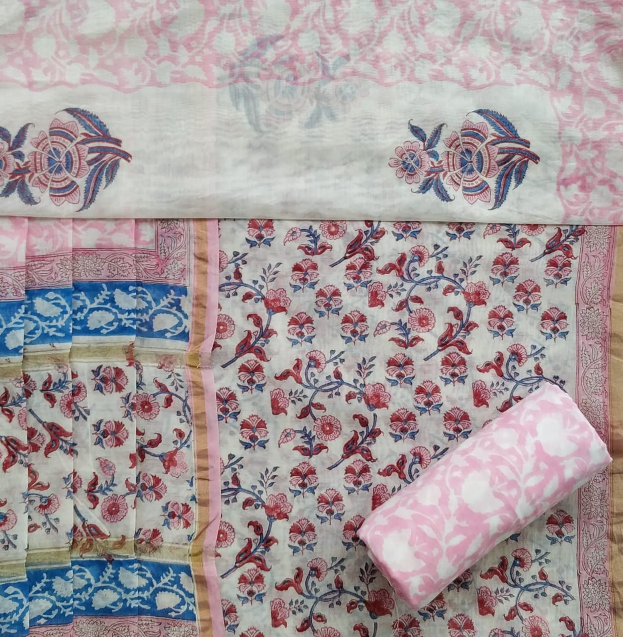 Shop Unstitched Hand Block Print Chanderi Silk Suit sets (CHA431)