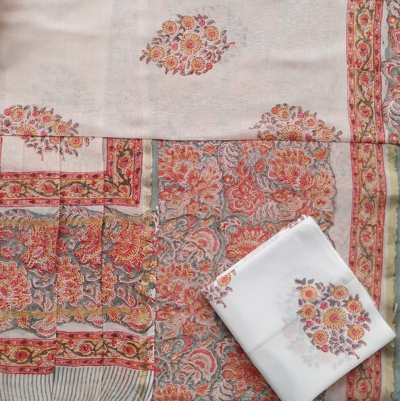 Floral Hand Block Print Chanderi Silk Suit sets online (CHA435)