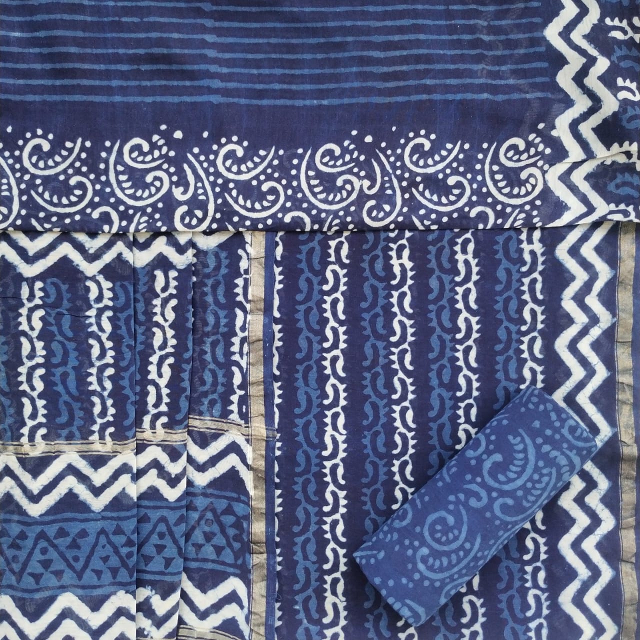 Shop Unstitched Indigo Print Chanderi Silk Suit sets online (CHA450)
