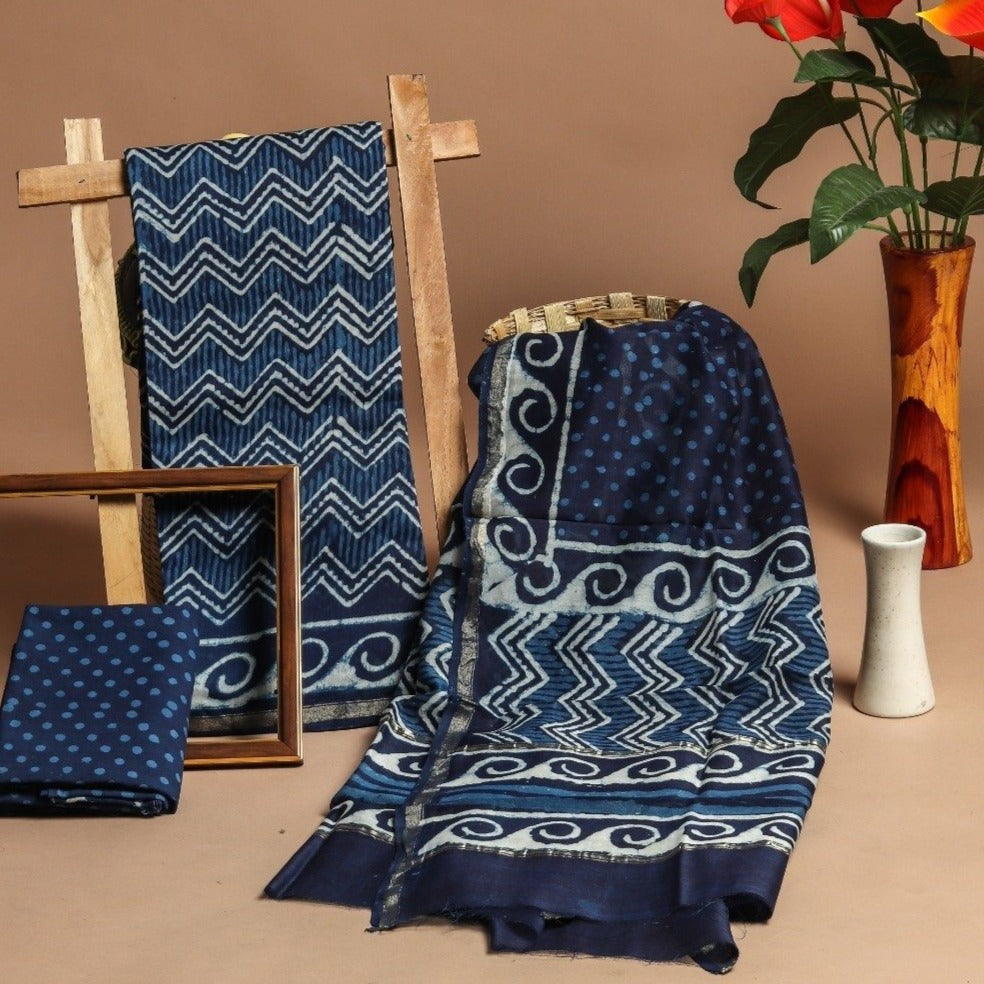 Shop Unstitched Indigo Print Chanderi Silk Suit sets (CHA452)