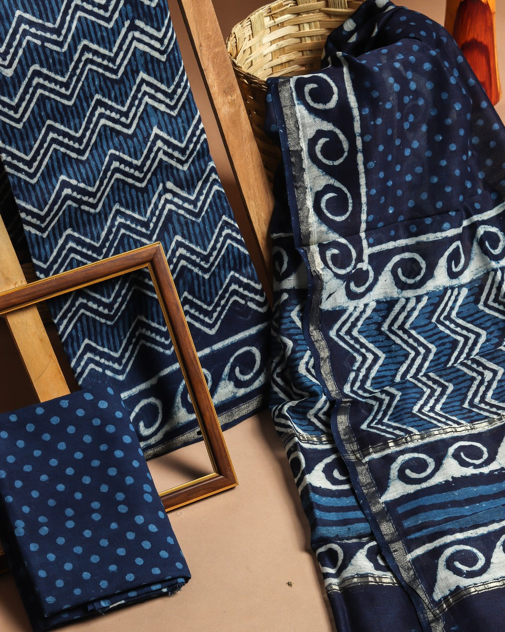 Shop Unstitched Indigo Print Chanderi Silk Suit sets (CHA452)
