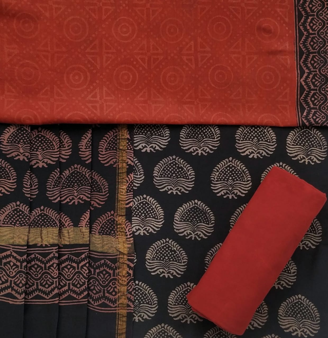 Shop Unstitched Ajrak Print Chanderi Silk Suit sets online (CHA466)