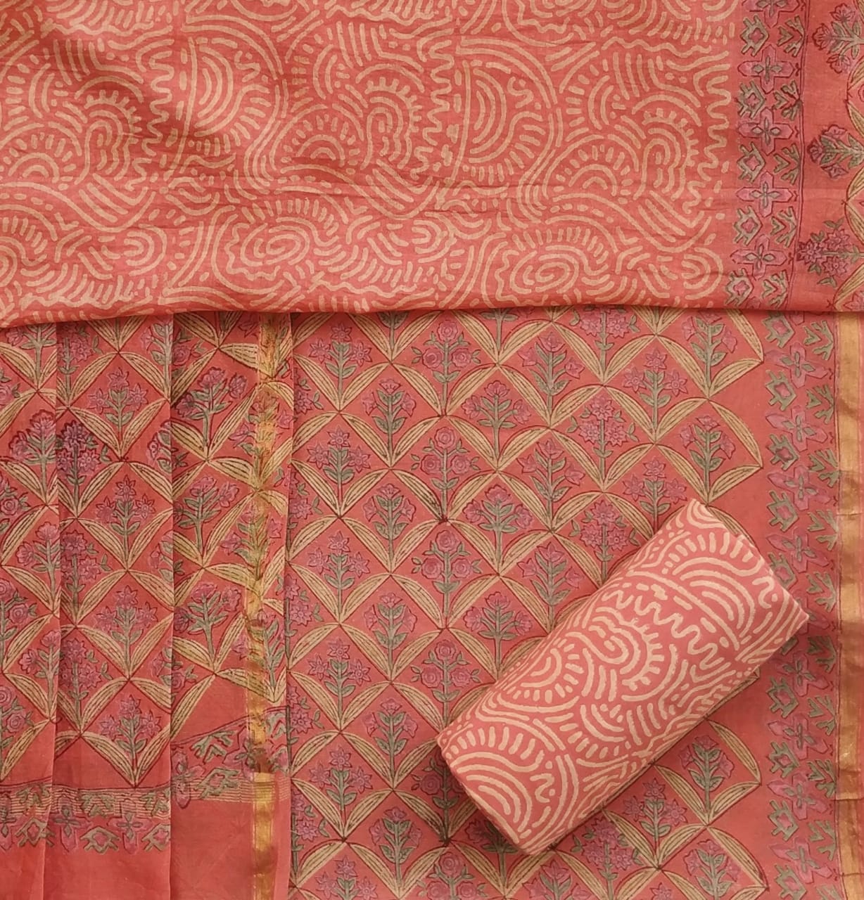 Shop Unstitched Hand Block Print Chanderi Silk Suit Sets (CHA473)