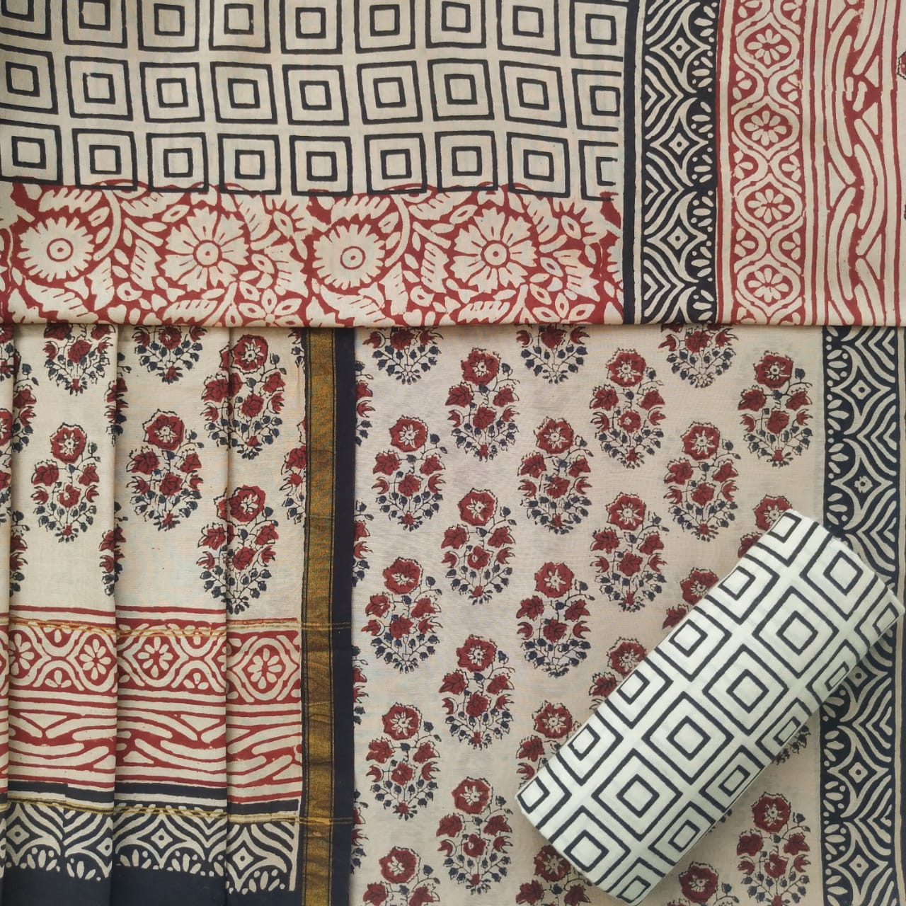 shop unstitched bagru print chanderi silk suit sets online