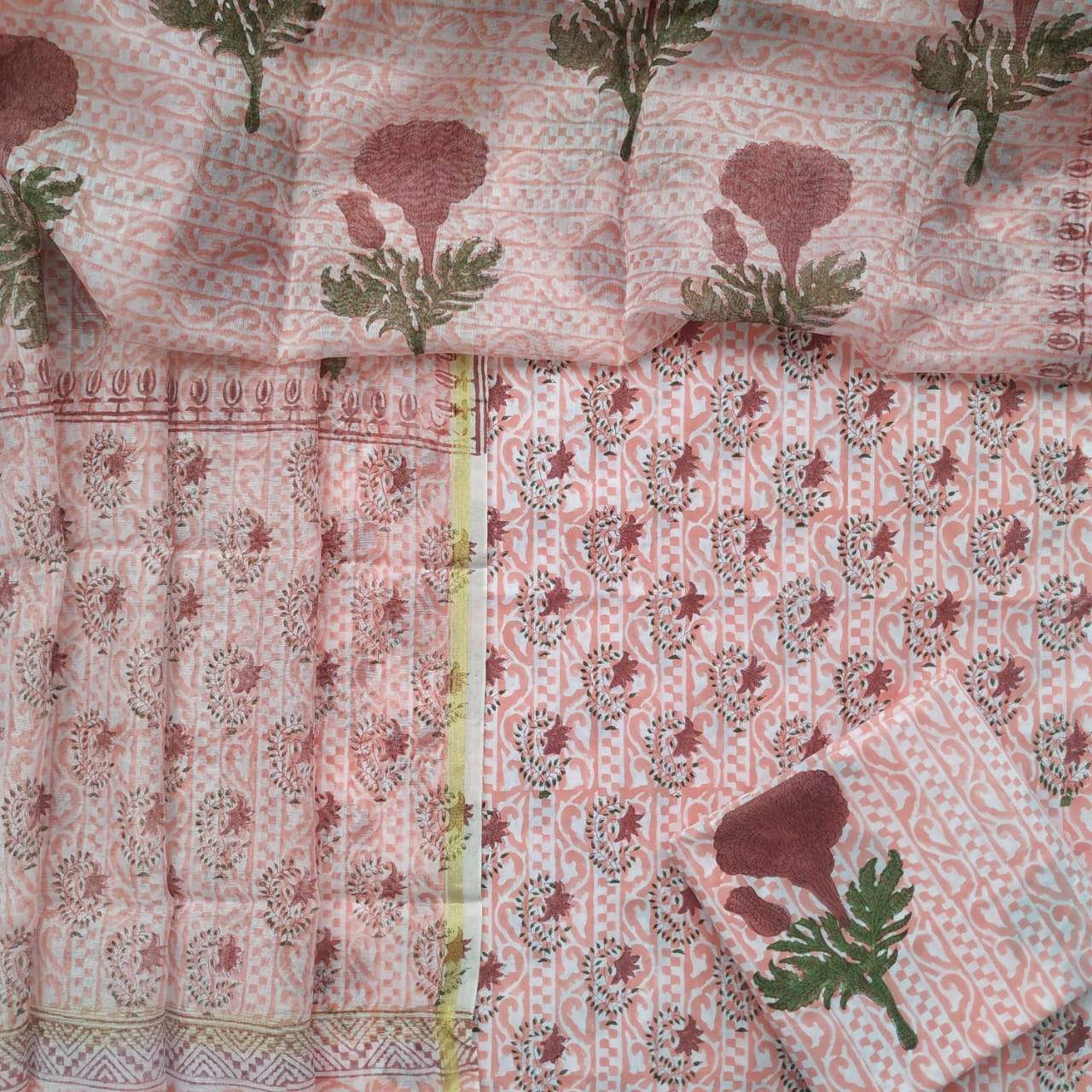 Shop Unstitched Hand Block Print Pure Cotton Suits with Premium Chanderi Silk Dupatta (CHD48)