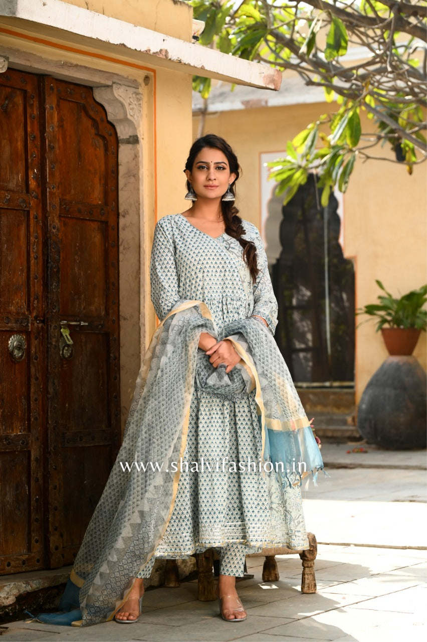 Shop stitched cotton suit set with organza dupatta (CSS32ORG)