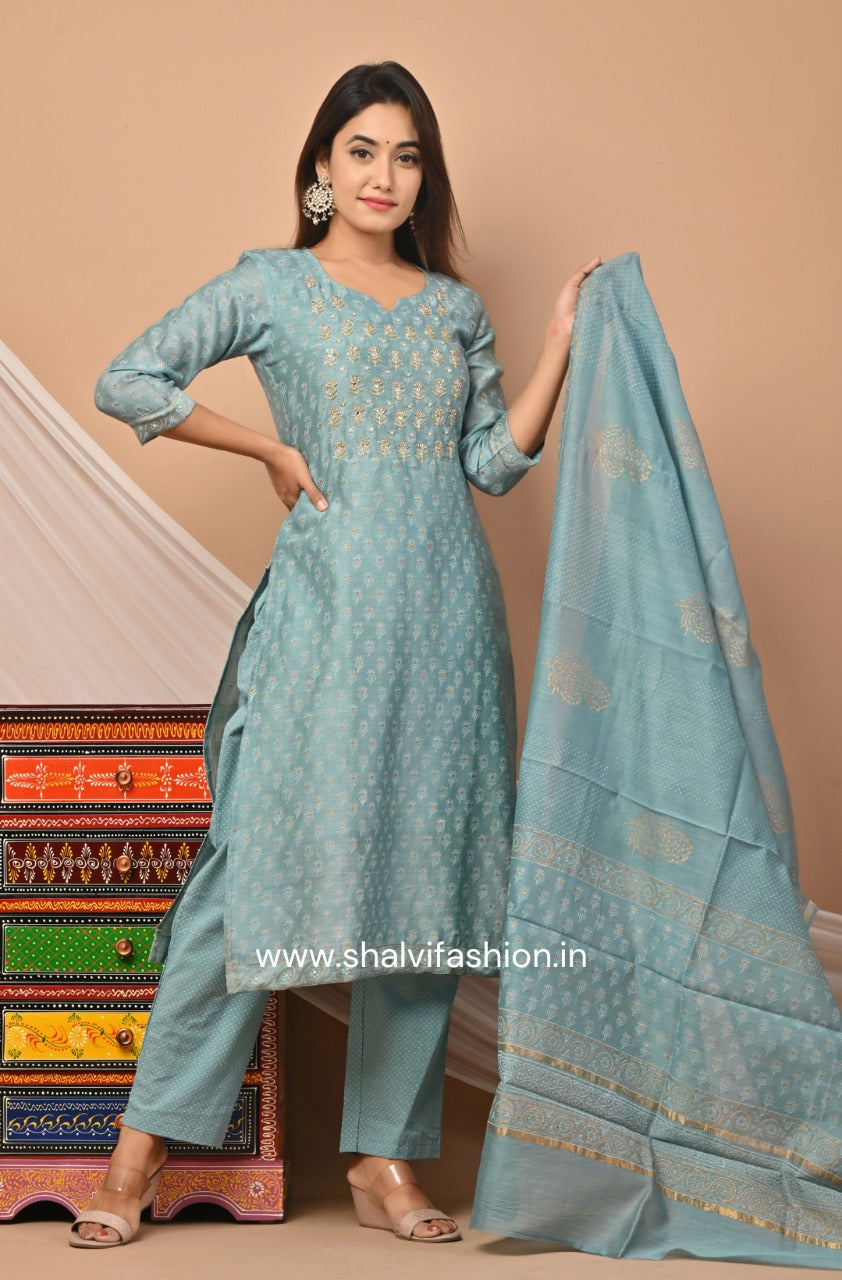 Shop zardosi hand work chanderi silk suit sets online (CSS55)