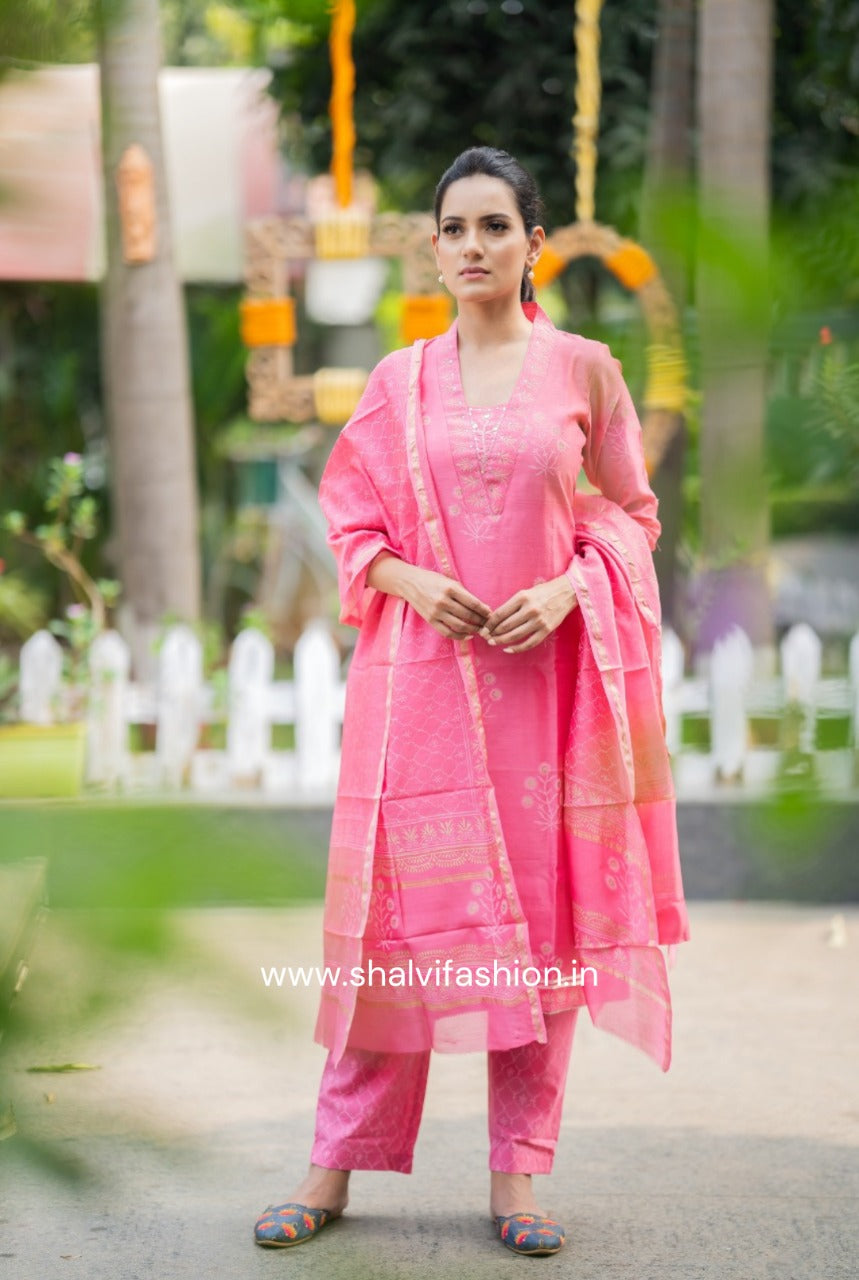 Shop handblock printed chanderi silk suits online (CSS58)