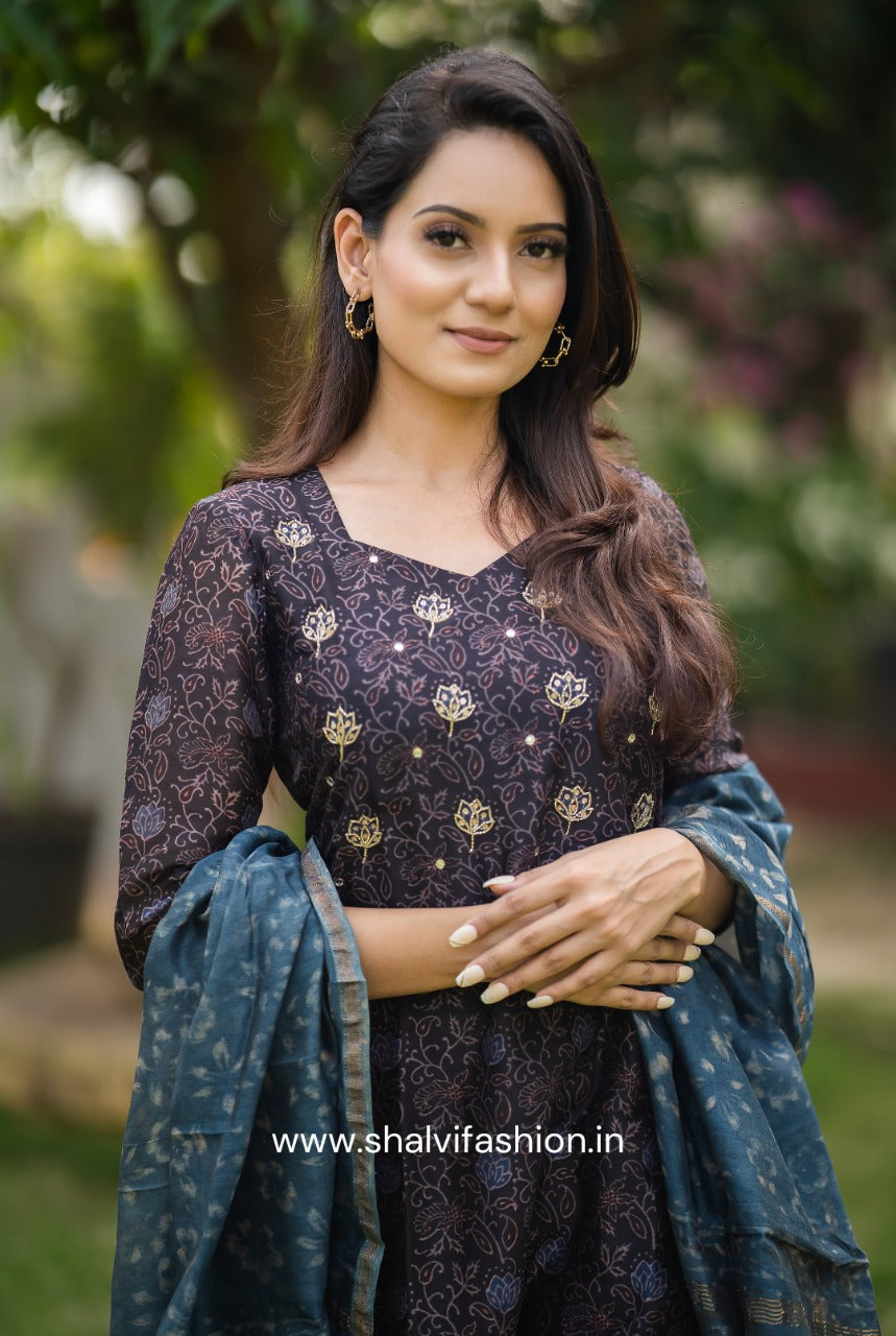 Shop zardosi work ajrak print maheshwari silk suits online (CSS63)