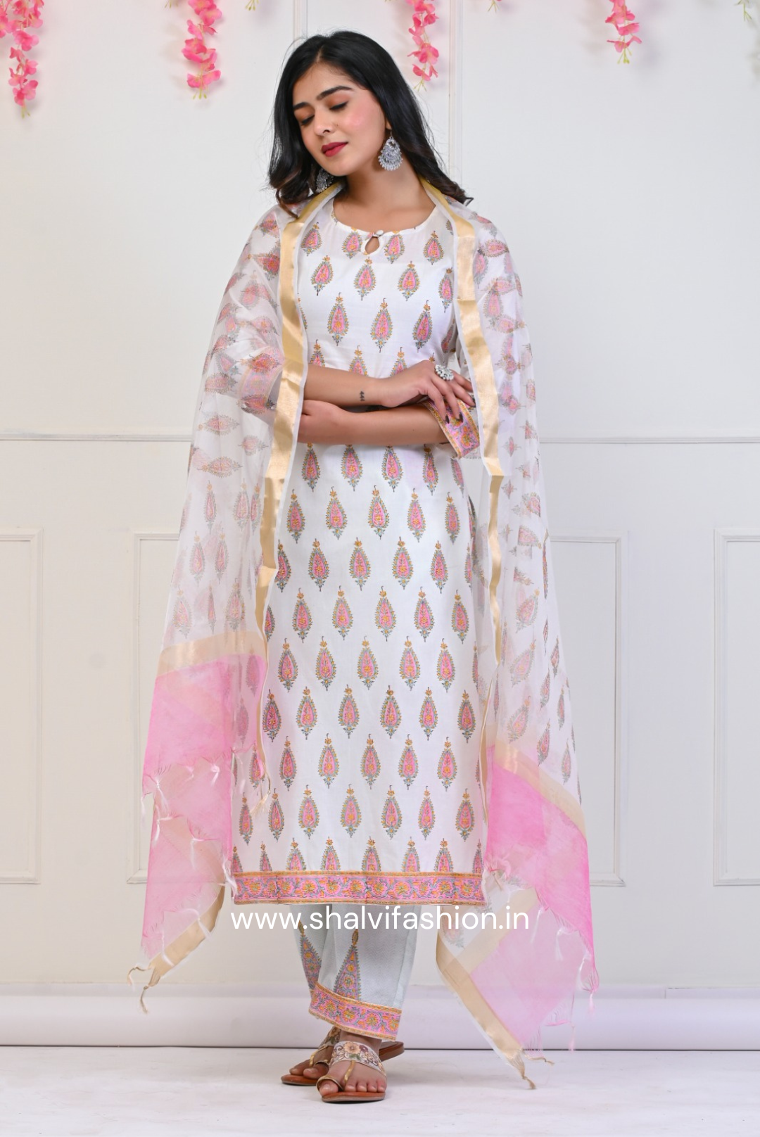 Shop hand block print cotton suits with organza dupatta (CSS68ORG)