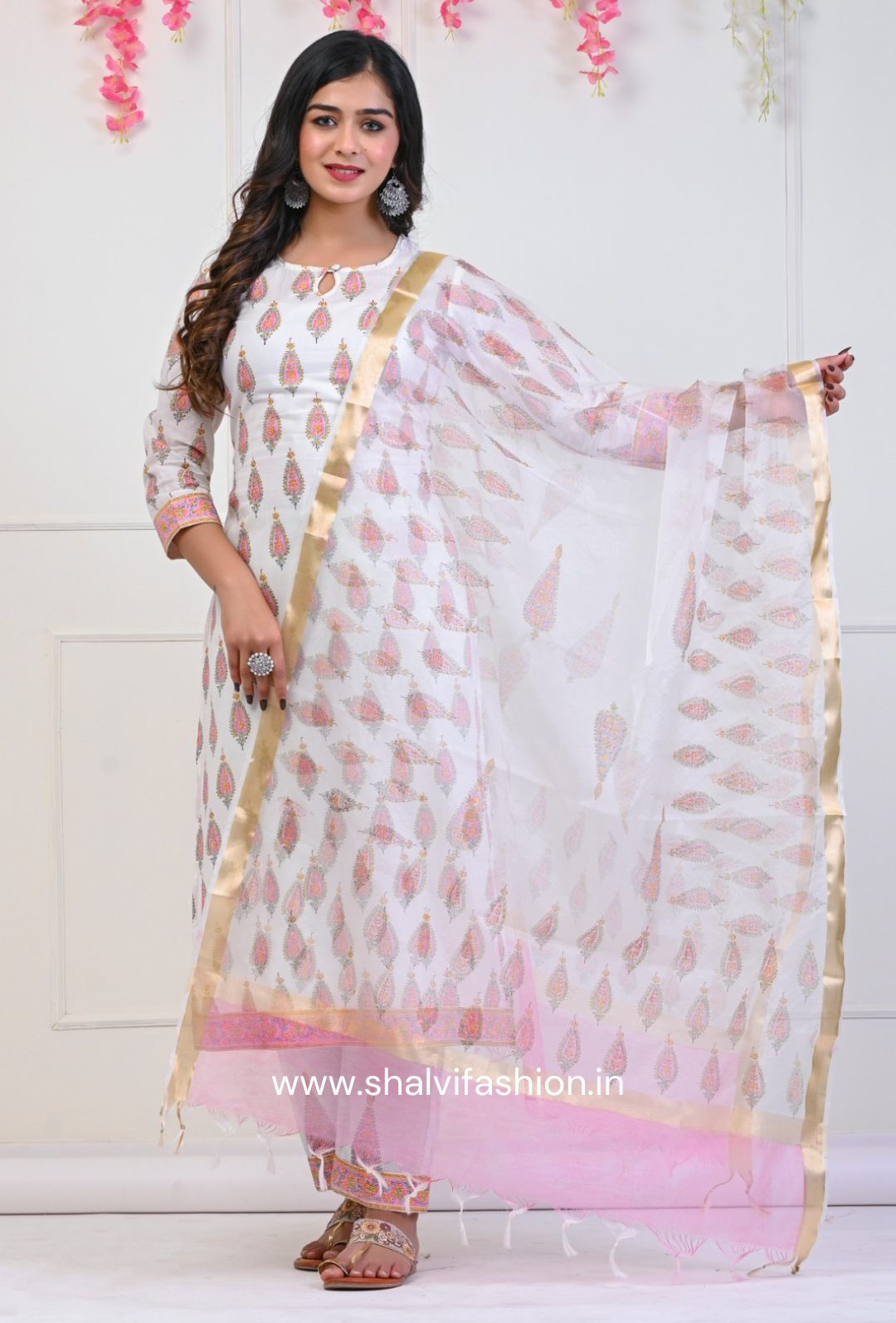 Shop hand block print cotton suits with organza dupatta (CSS68ORG)