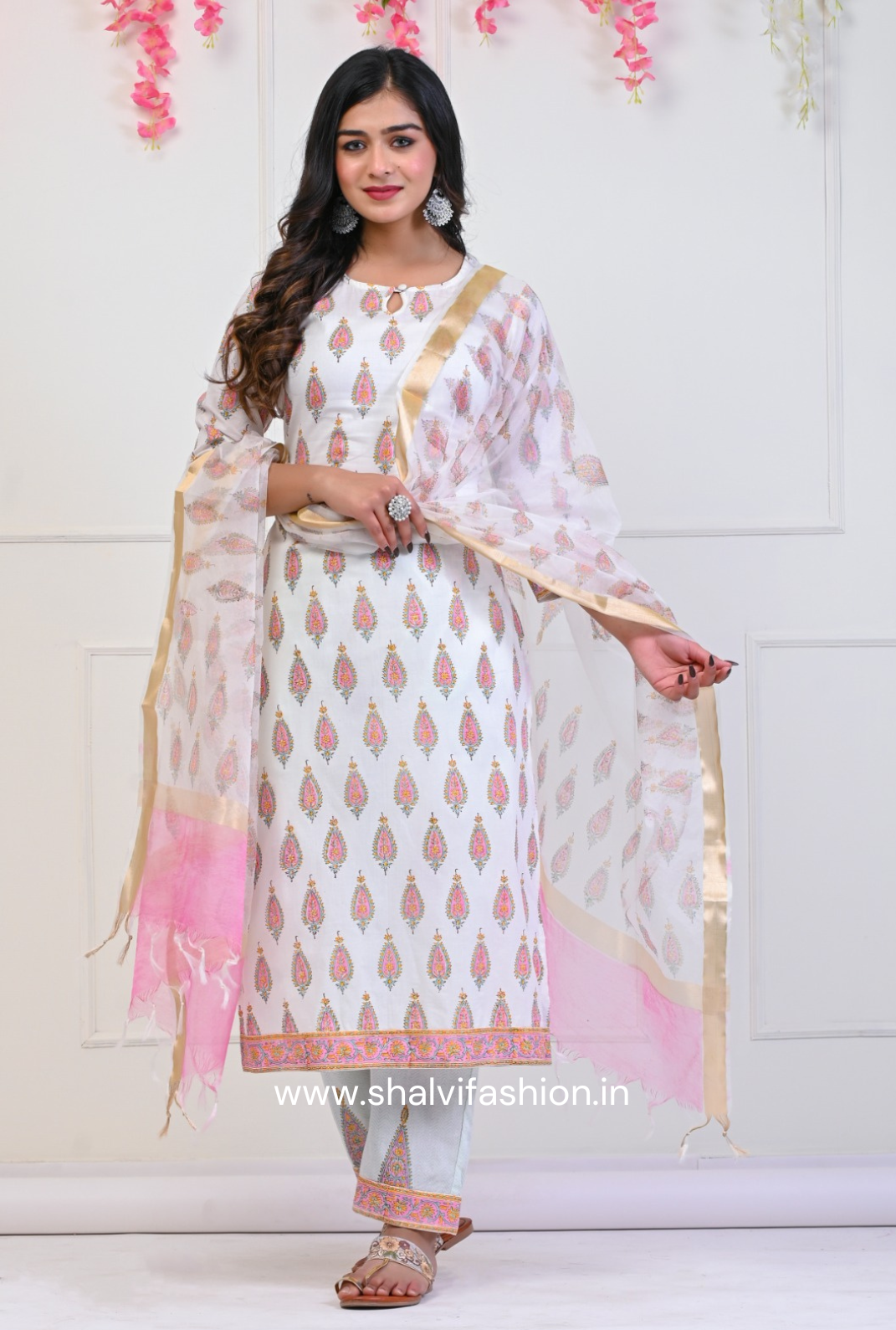Shop hand block print cotton suits with organza dupatta (CSS68ORG)