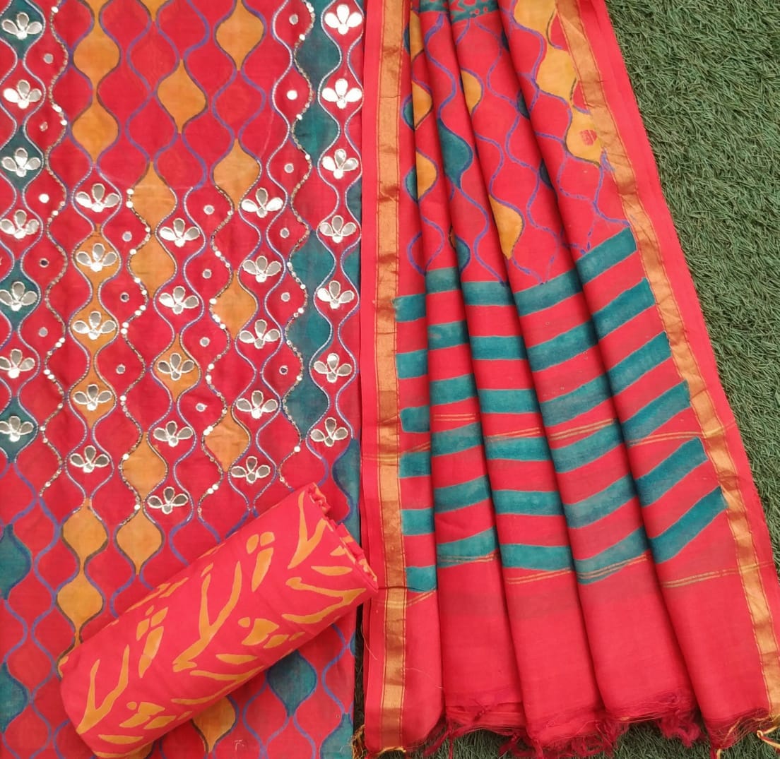 Shop premium jaipur print chanderi silk suit sets online (GOTA290)
