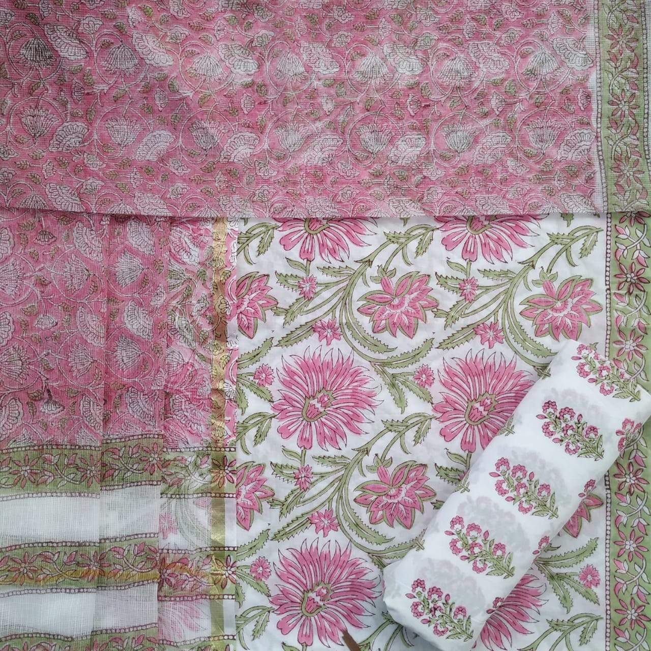 Designer Hand Block Print Cotton Suit Material with Kota Doria Dupatta (3CKD242)