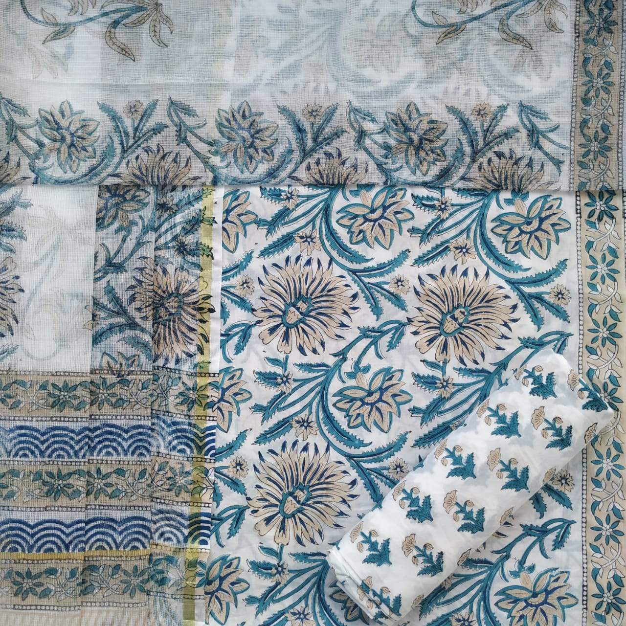Designer Hand Block Print Cotton Suit Material with Kota Doria Dupatta (3CKD244)