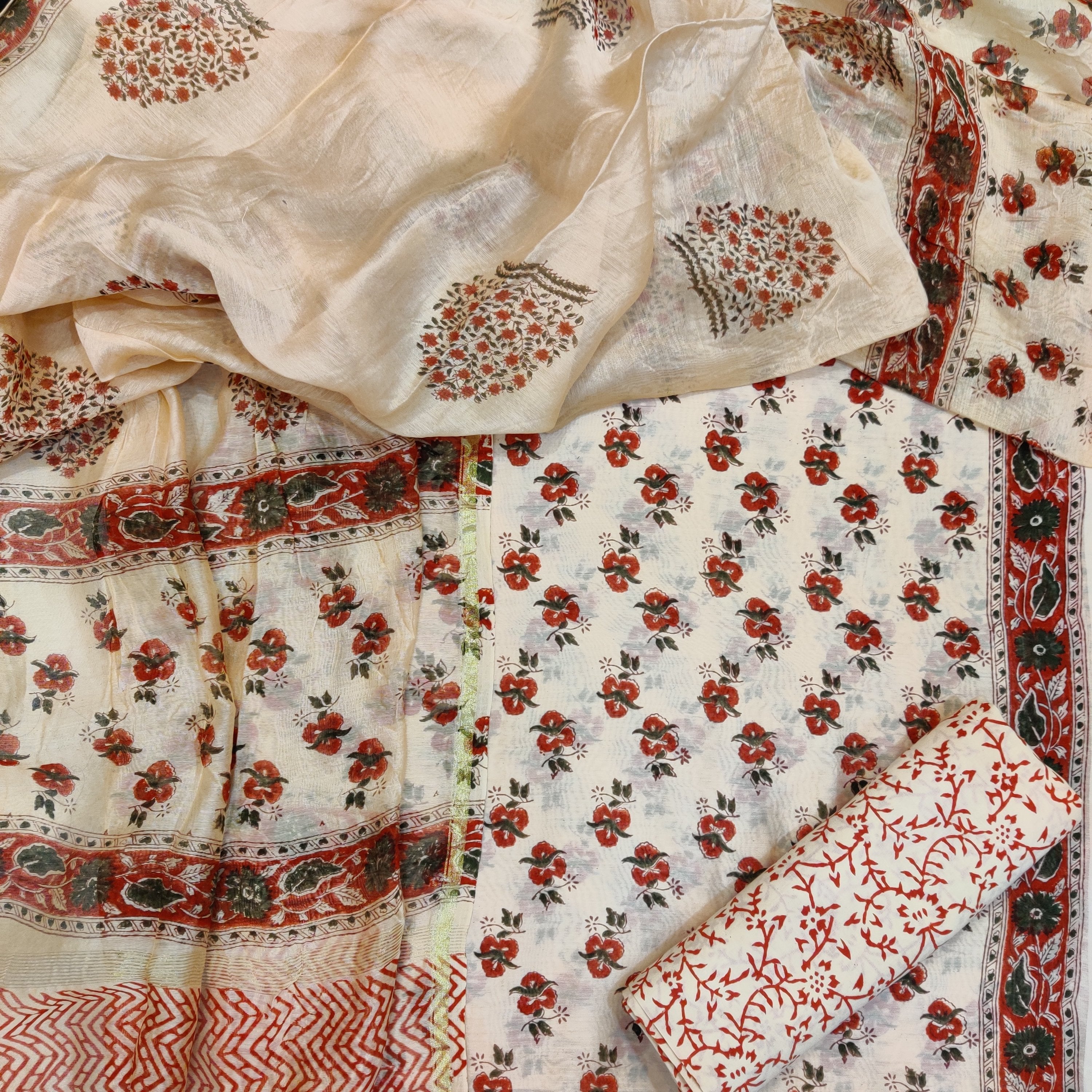 Hand Block Print Chanderi Four piece set (4CH01) - ShalviFashion