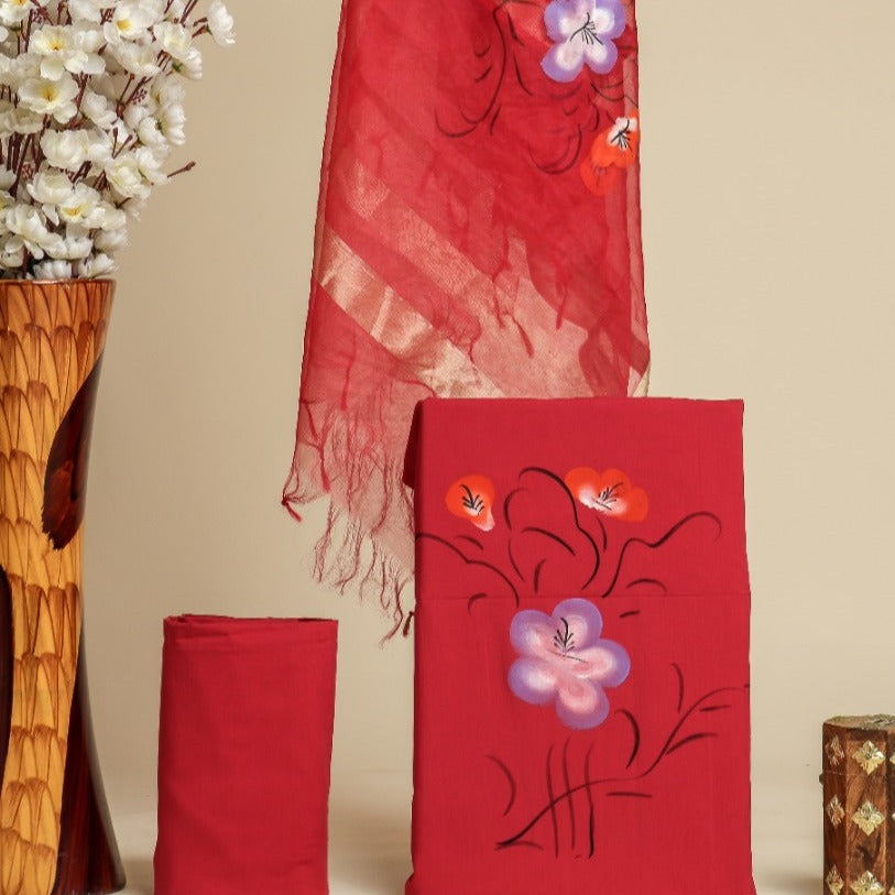 Shop hand painted cotton suit sets with organza dupatta (ORG192)