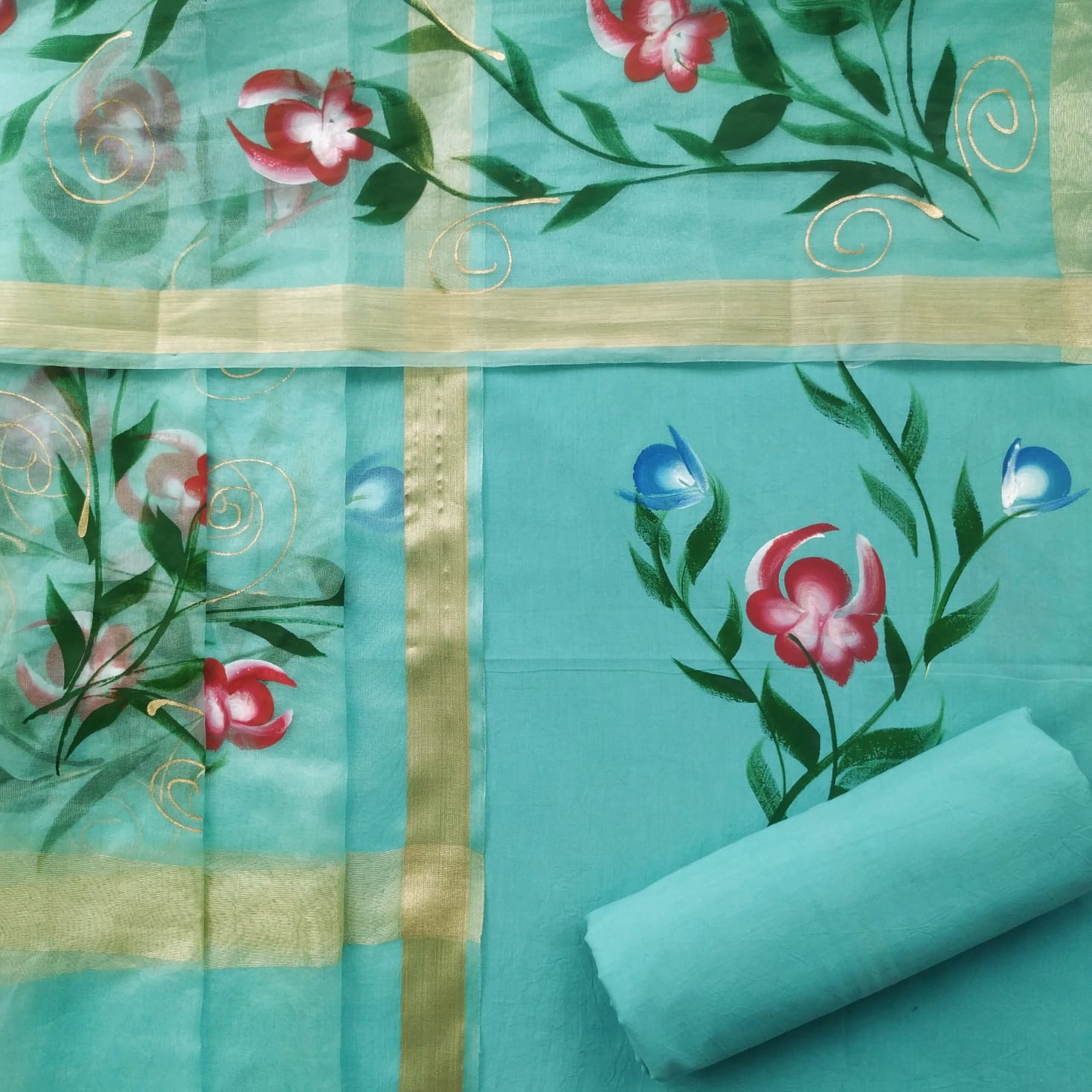 Shop unstitched cotton suit set with organza dupatta online (ORG207)