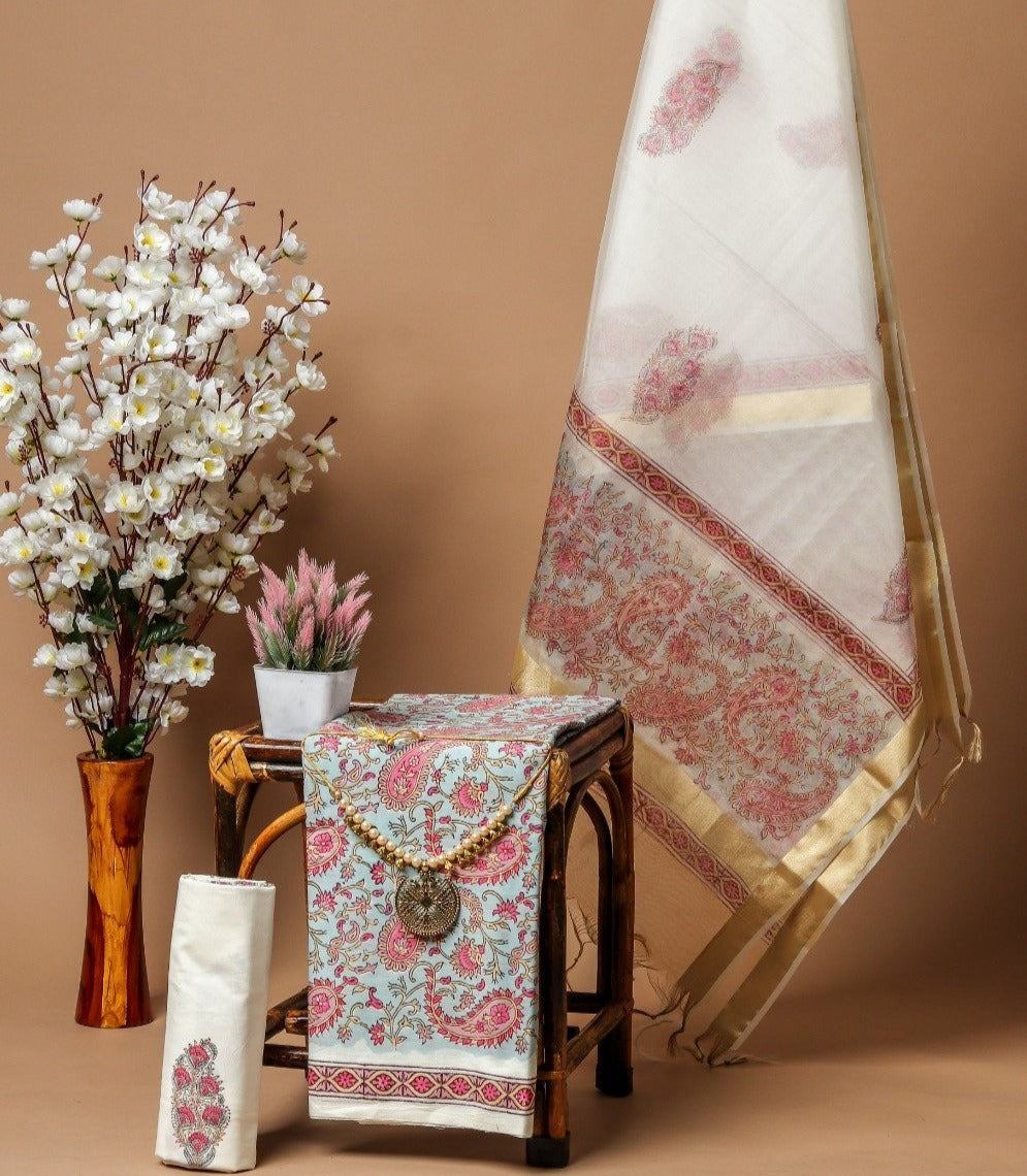 Shop Unstitched Floral Hand Block Print Pure Cotton Suits with Organza Dupatta (ORG86)