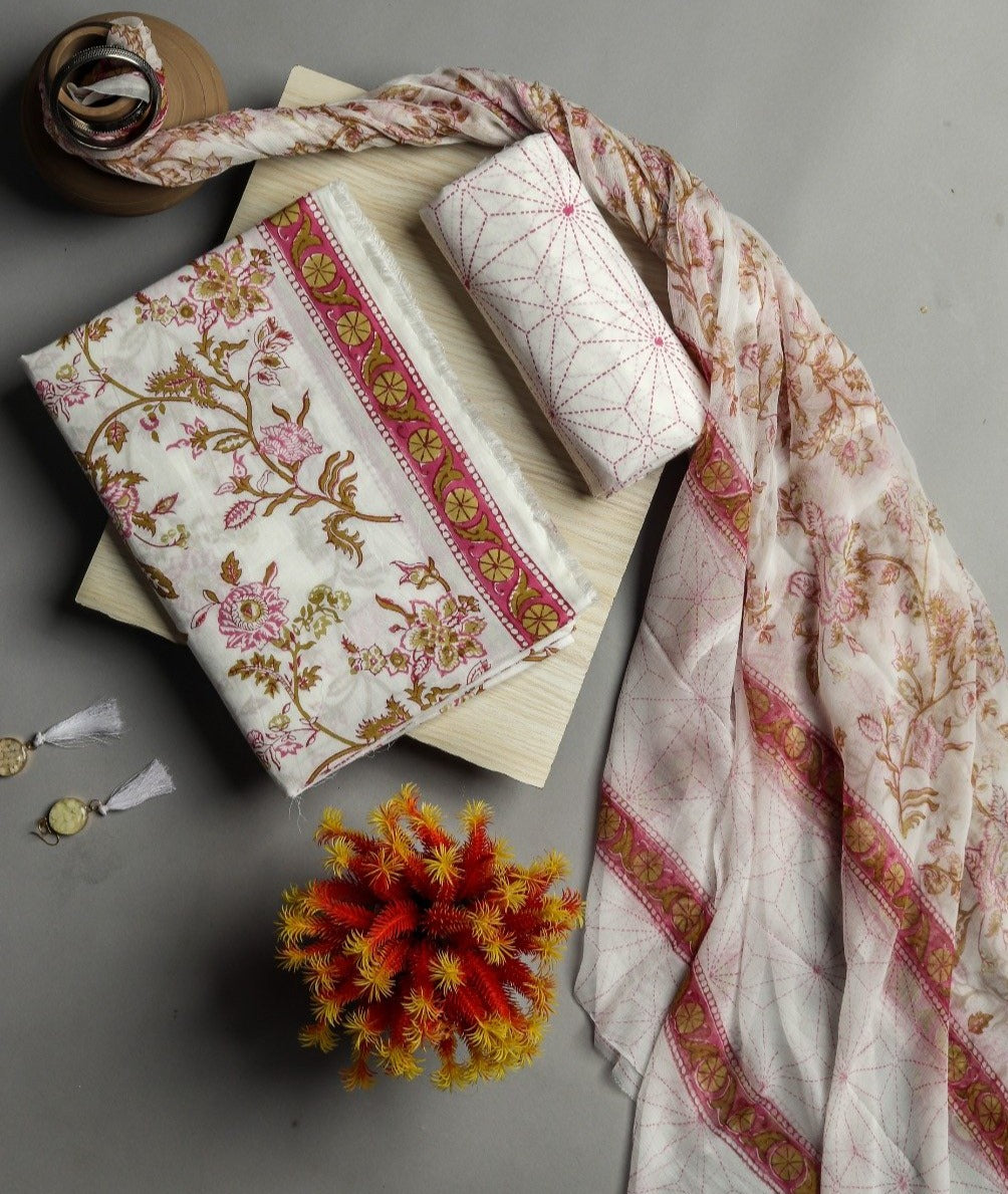 Shop Unstitched Hand Block Print Pure Cotton Suits with Chiffon Dupatta (PCHF175)