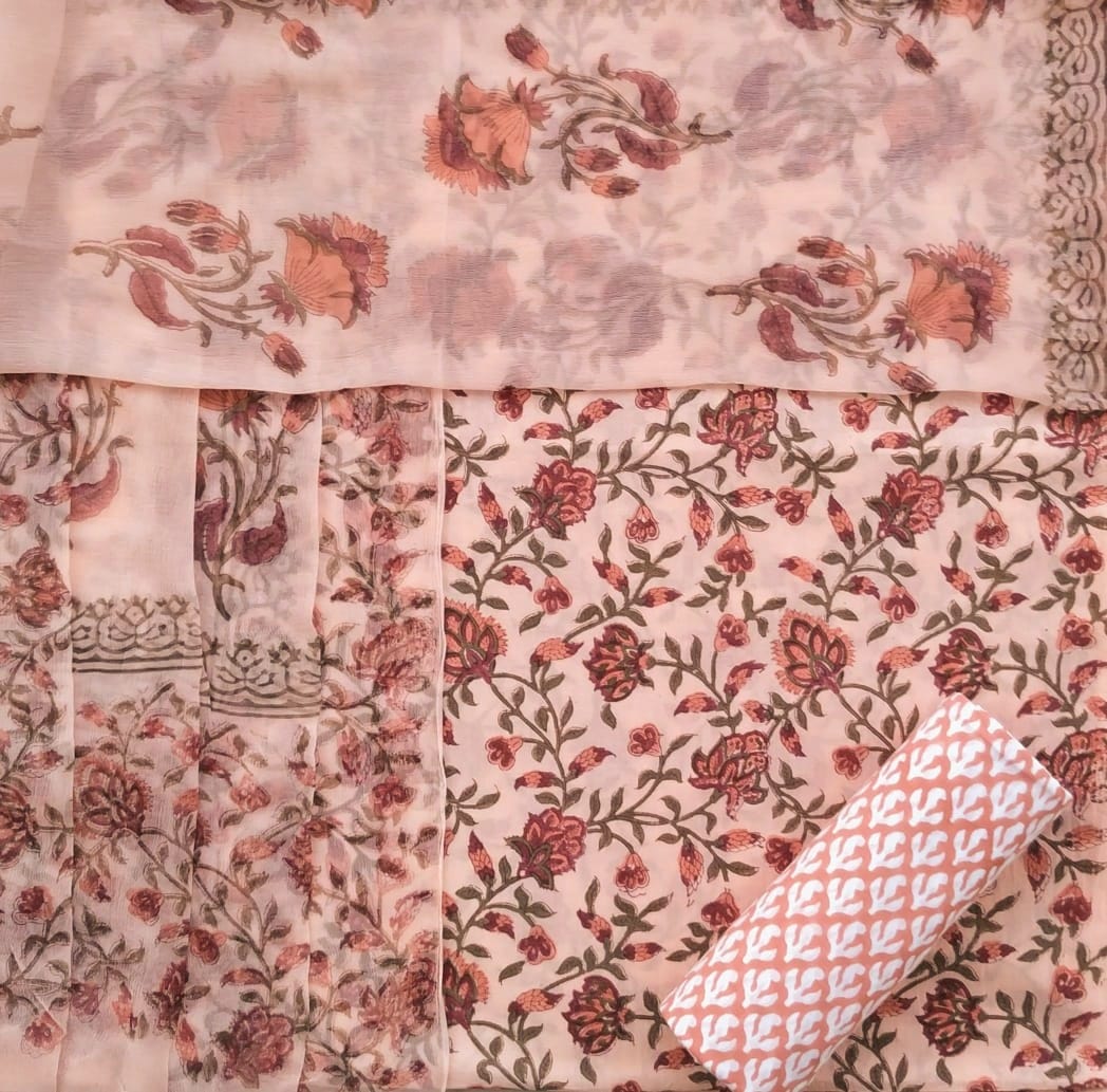 Shop Unstitched Hand Block Print Pure Cotton Suits with Chiffon Dupatta (PCHF201)