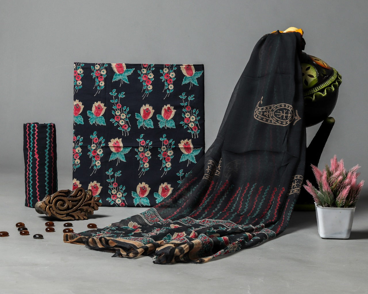 Shop Unstitched Hand Block Print Pure Cotton Suits with Chiffon Dupatta (PCHF212)
