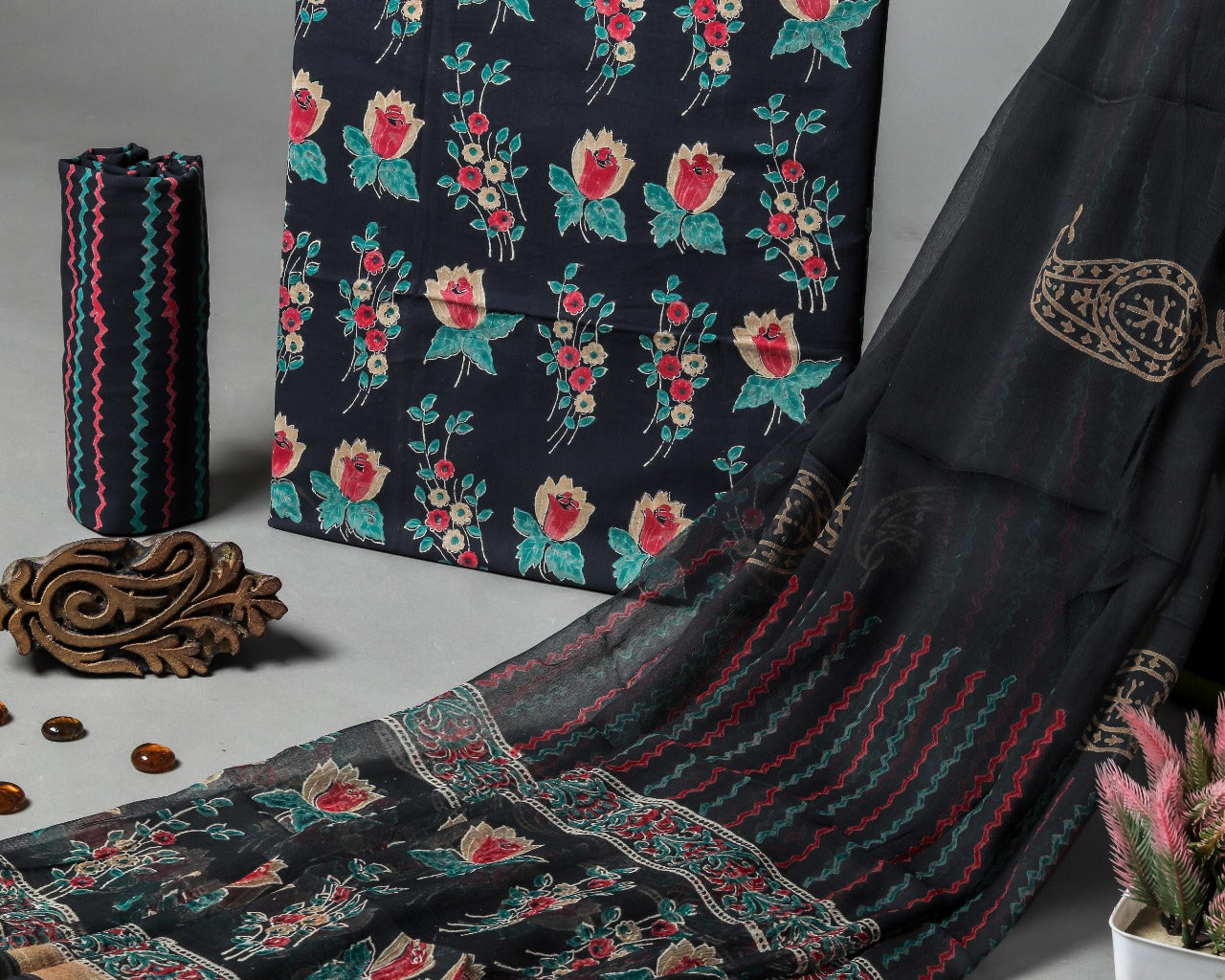 Shop Unstitched Hand Block Print Pure Cotton Suits with Chiffon Dupatta (PCHF212)