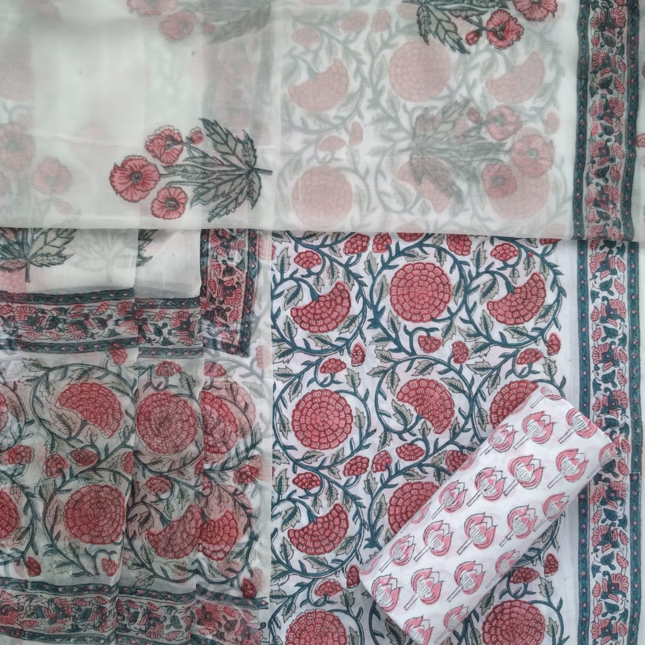 Shop Unstitched Hand Block Print Pure Cotton Suits with Chiffon Dupatta (PCHF214)