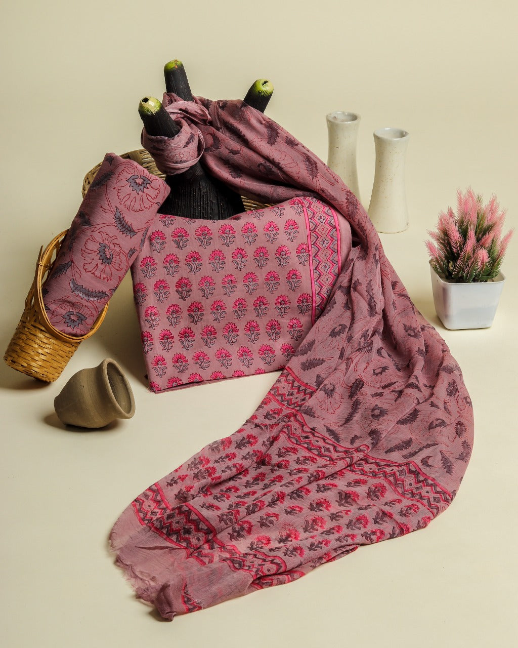 Shop Hand Block Print Pure Cotton Suits with Chiffon Dupatta (PCHF241)