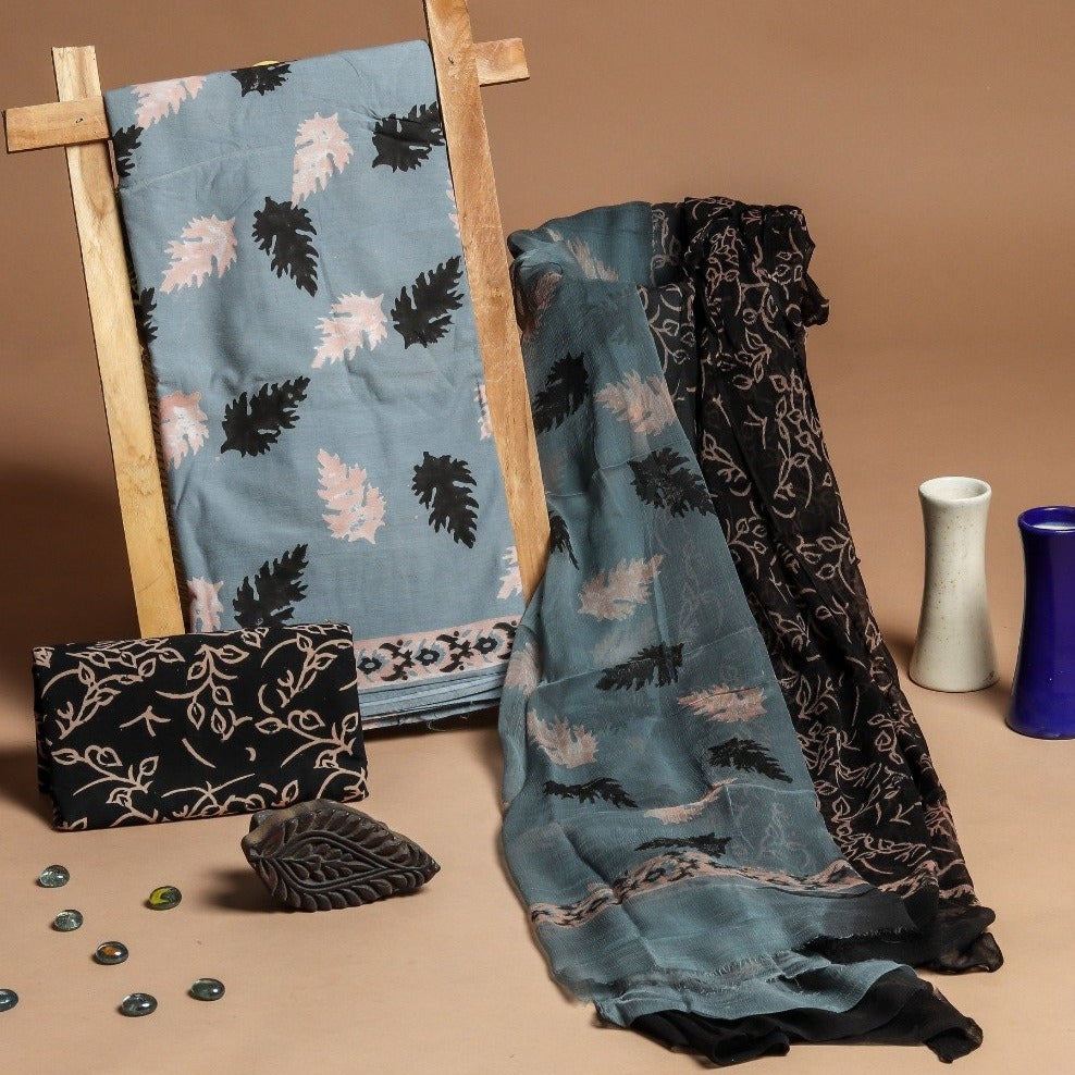 Shop Unstitched Hand Block Print Pure Cotton Suits online with Chiffon Dupatta (PCHF208)