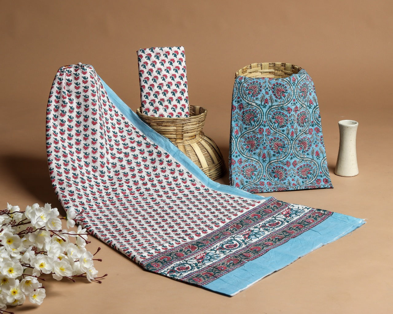Designer Hand Block Print Pure Cotton Suits with Mulmul Dupatta (PRMUL181)