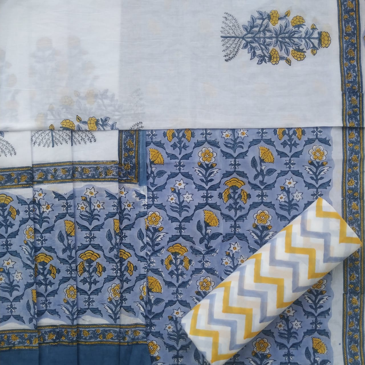 Shop Unstitched Hand Block Print Pure Cotton Suits with Mulmul Dupatta (PRMUL194)
