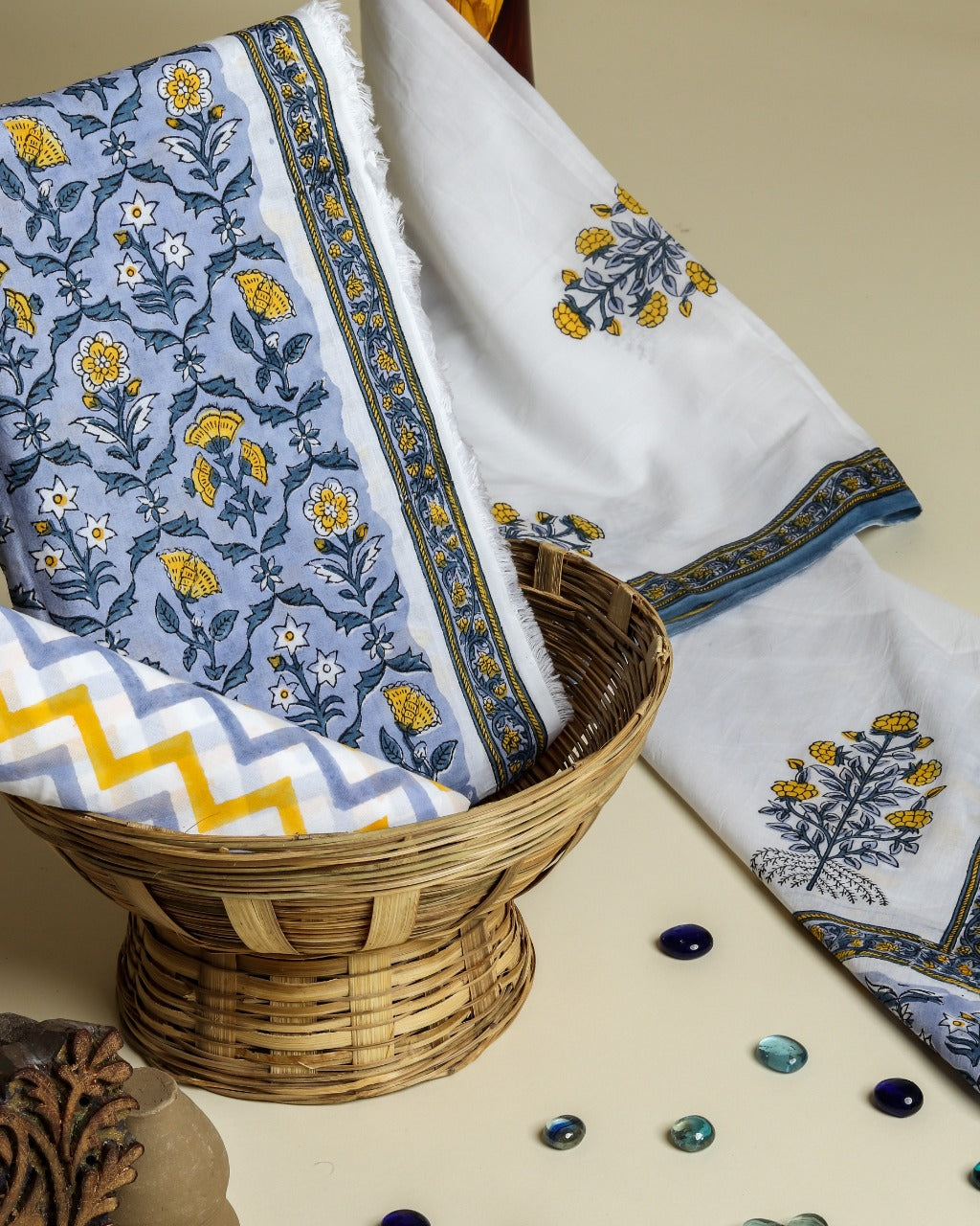 Shop Unstitched Hand Block Print Pure Cotton Suits with Mulmul Dupatta (PRMUL194)