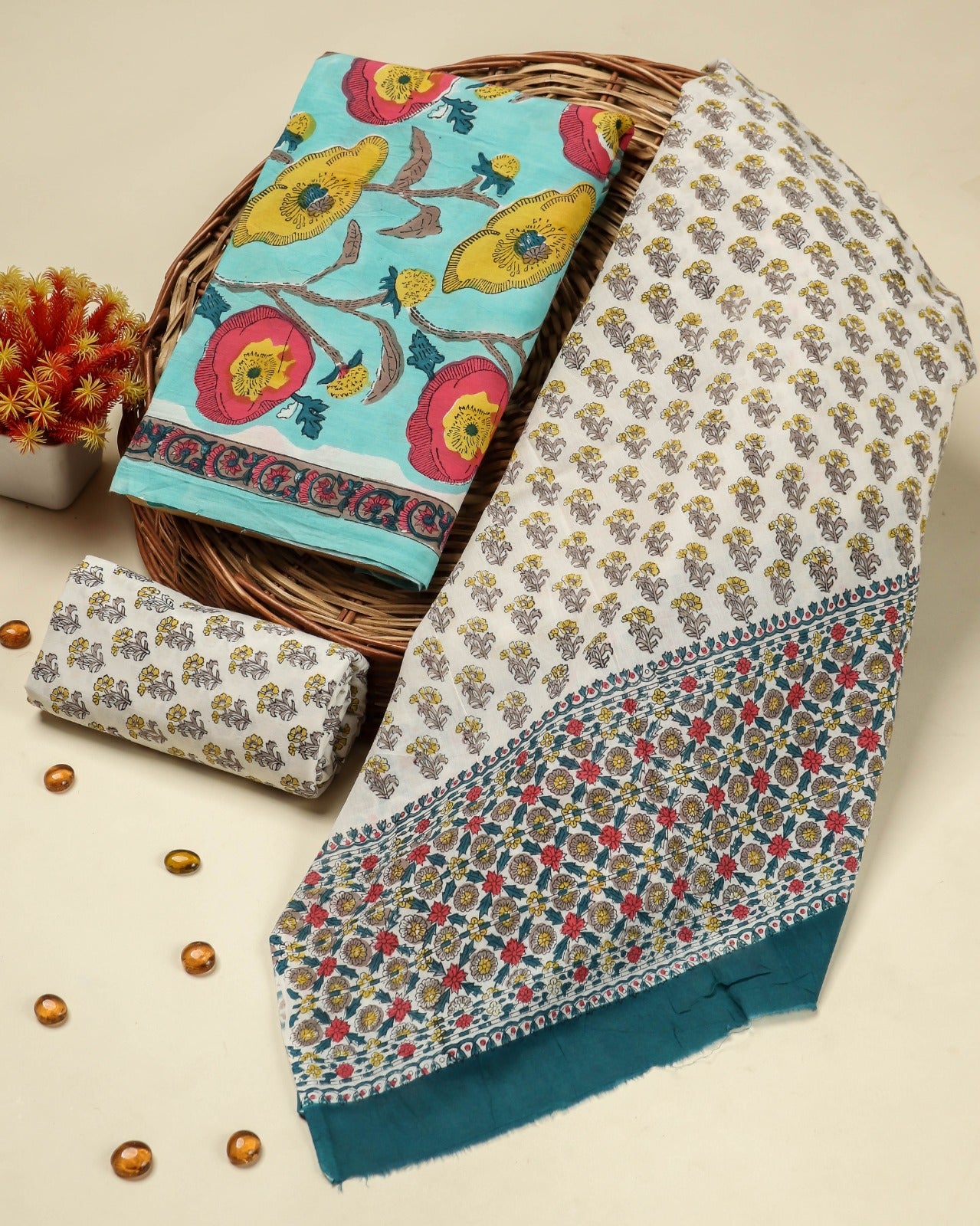 Shop unstitched cotton suit sets with mulmul dupatta online shopping (PRMUL319)