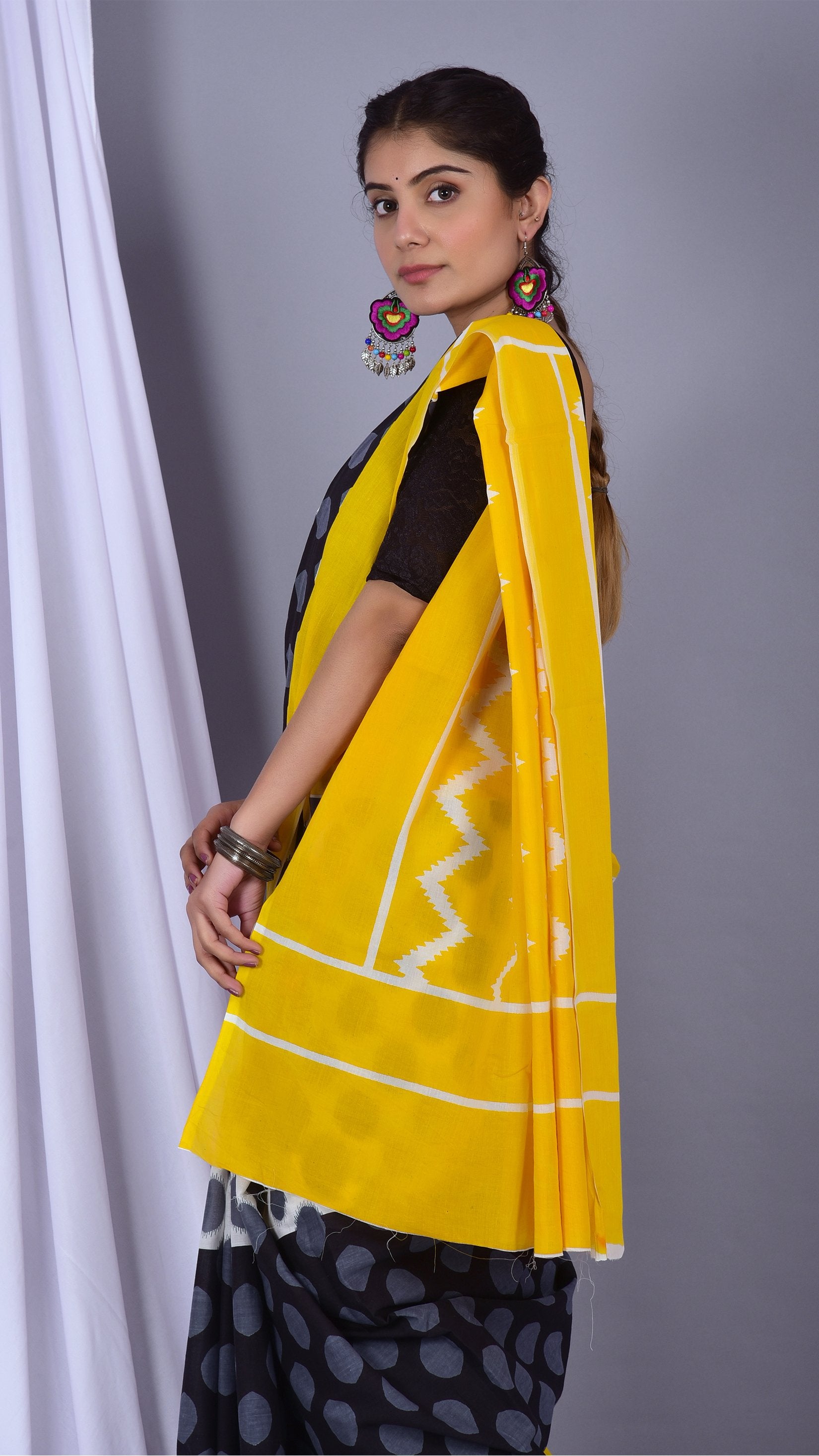 Designer Mulmul Handblock Printed Sarees (RMULSAR07) - ShalviFashion
