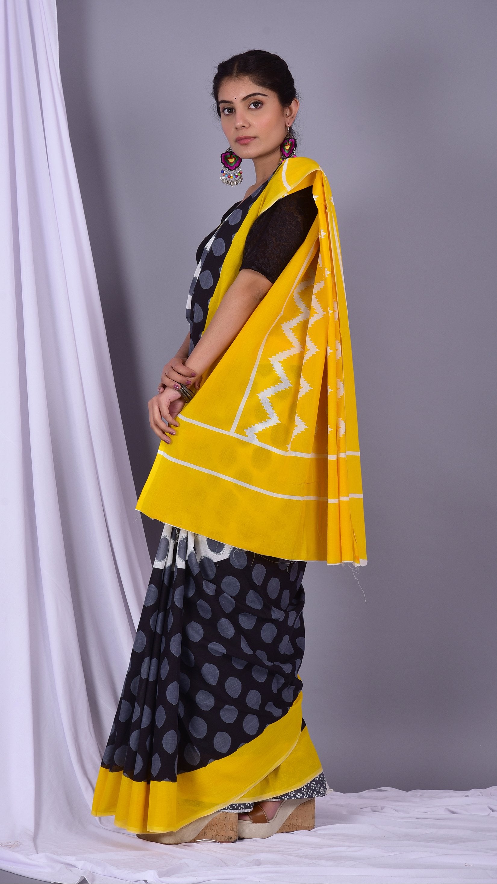 Designer Mulmul Handblock Printed Sarees (RMULSAR07) - ShalviFashion