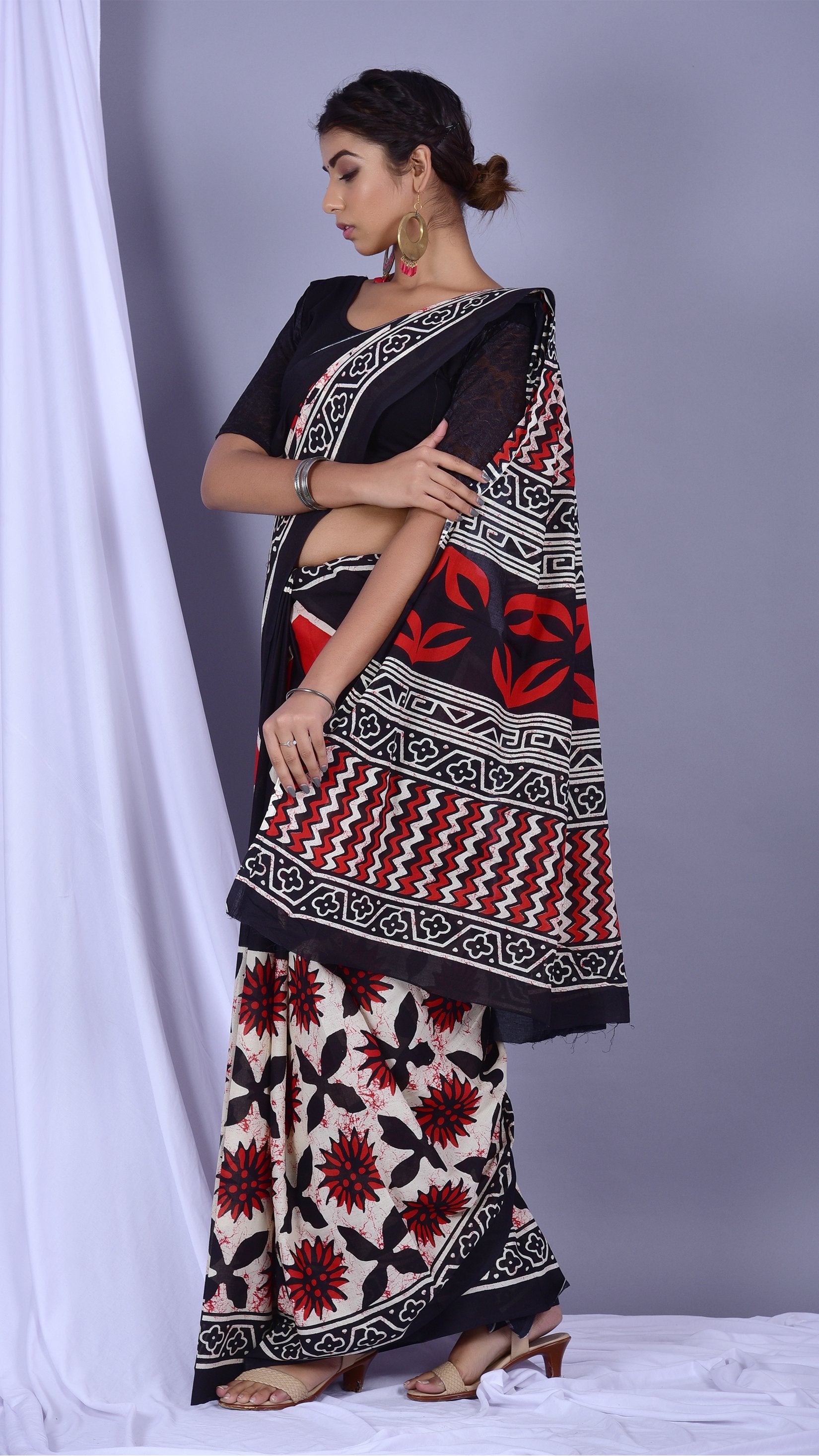 Designer Mulmul Handblock Printed Sarees (RMULSAR10) - ShalviFashion