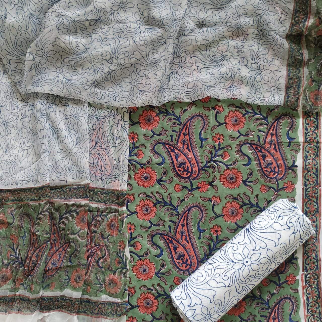 Shop Unstitched Block Print Pure Cotton Suits with Chiffon Dupatta (SUM91)