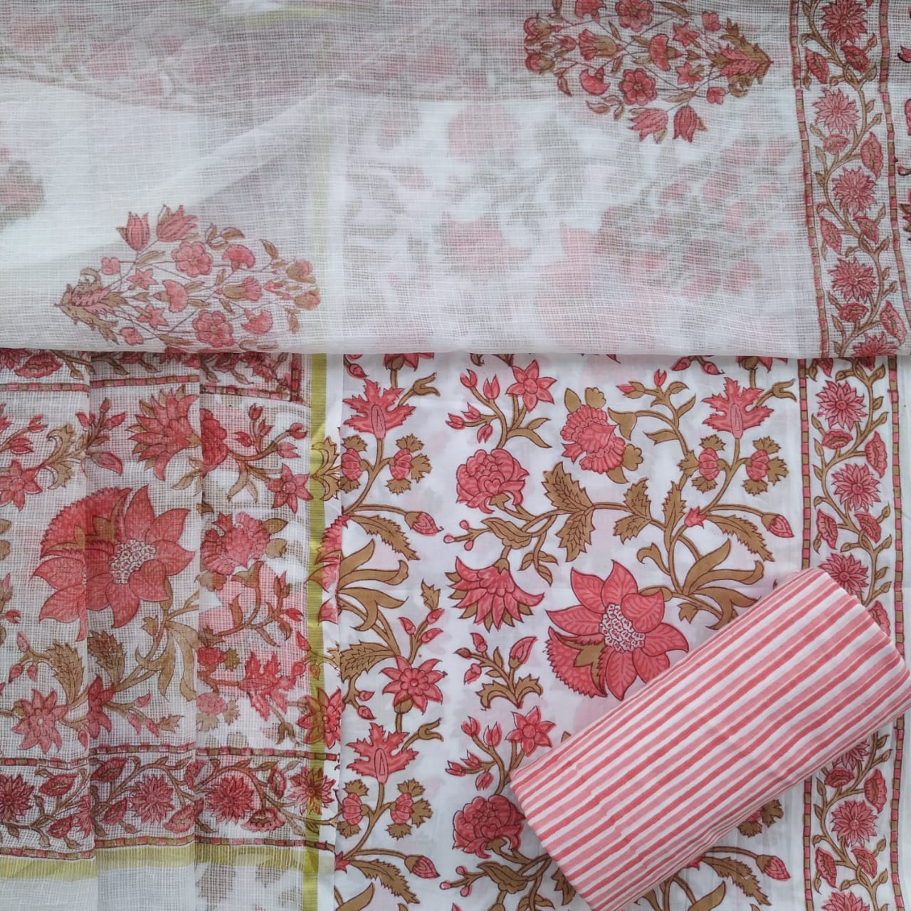 Shop Unstitched Hand Block Print Pure Cotton Suits with Kota Doria Dupatta (T3CKD360)
