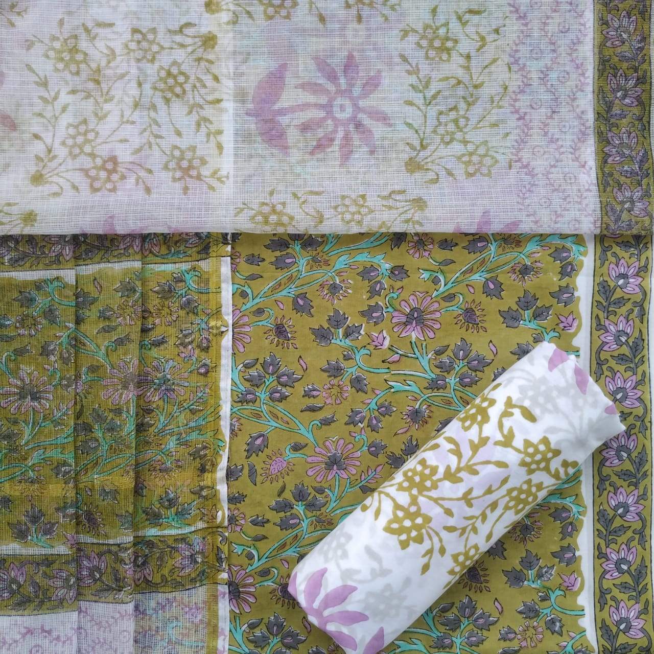 Shop Unstitched Hand Block Print Pure Cotton Suits with Kota Doria Dupatta (T3CKD362) 