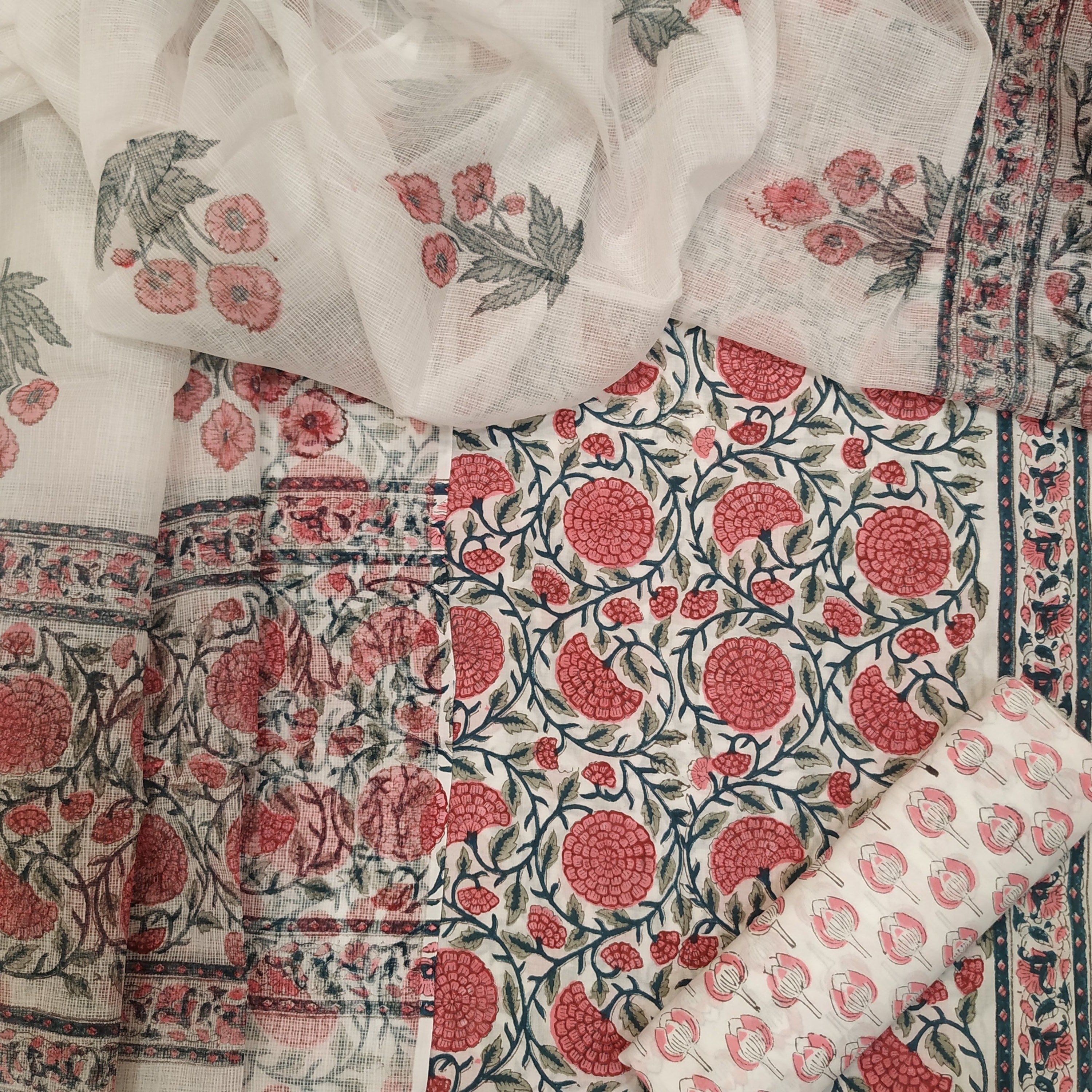 Shop Unstitched Hand Block Print Pure Cotton Suits with Kota Doria Dupatta (T3CKD72)