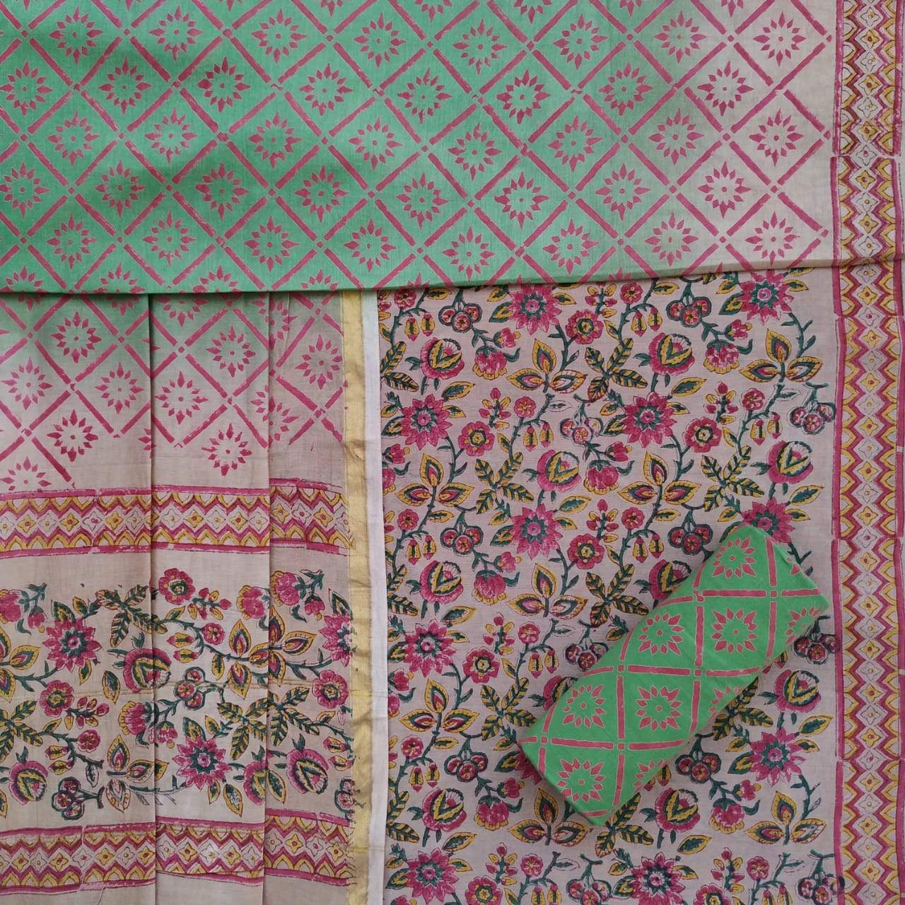 Shop Unstitched Hand Block Print Chanderi Silk Suit sets (TCHA413)