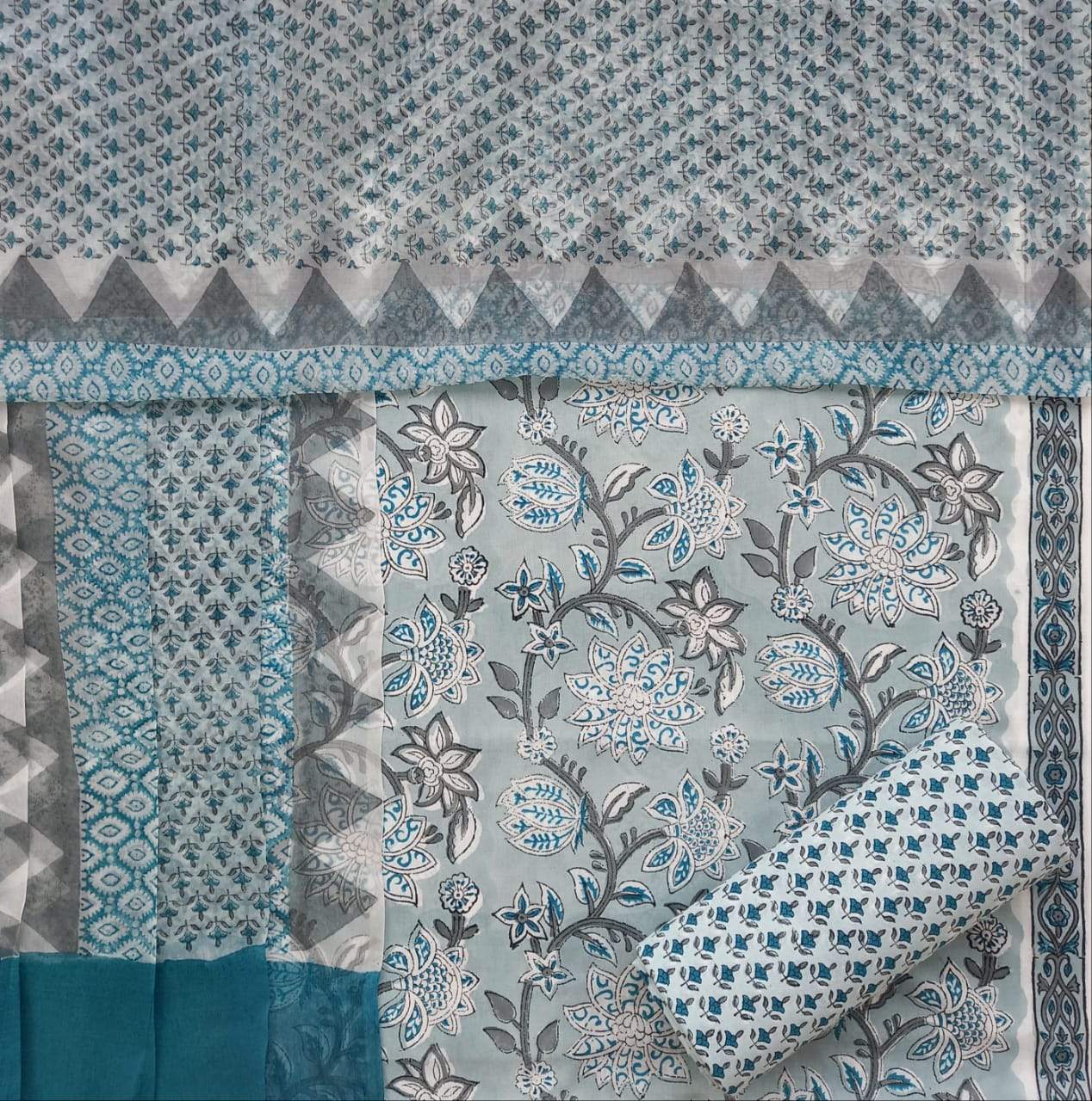 Shop Unstitched Hand Block Print Pure Cotton Chiffon Dupatta Suits (TPCHF155)