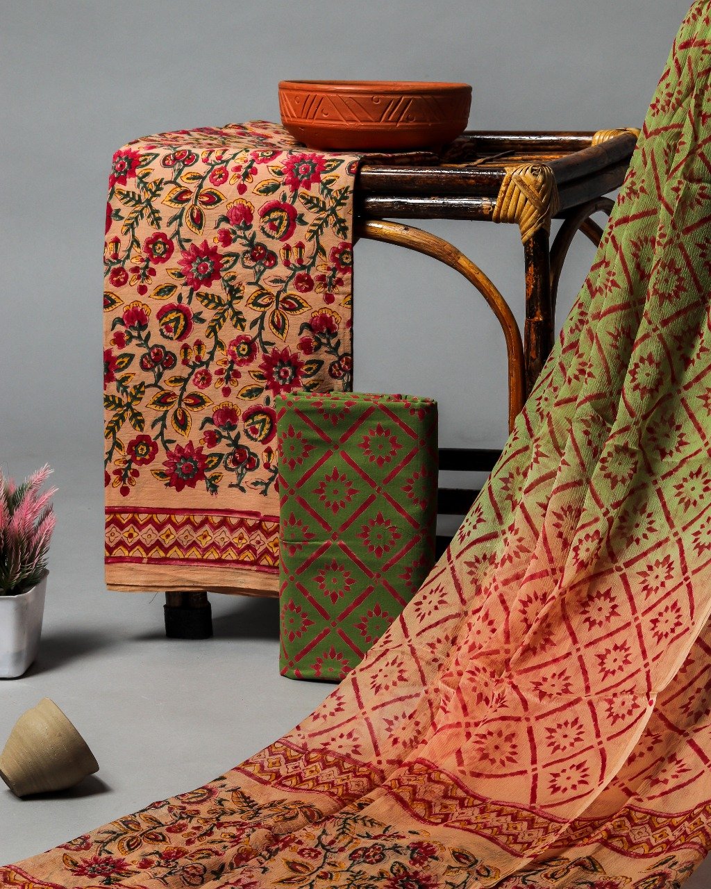 shop unstitched hand block print cotton suits with chiffon dupatta