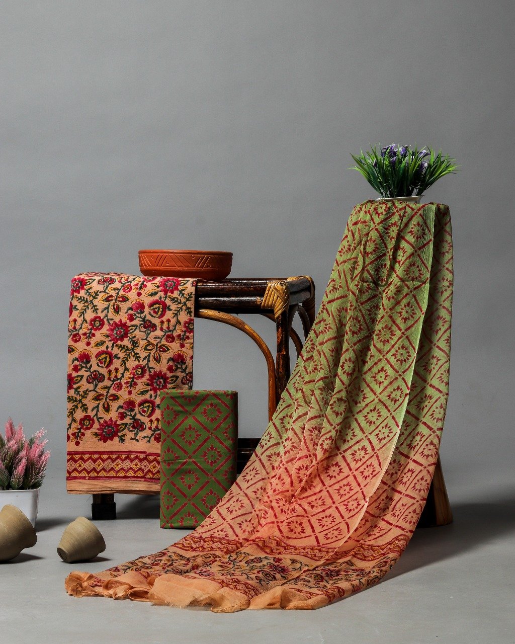 shop unstitched hand block print cotton suits with chiffon dupatta