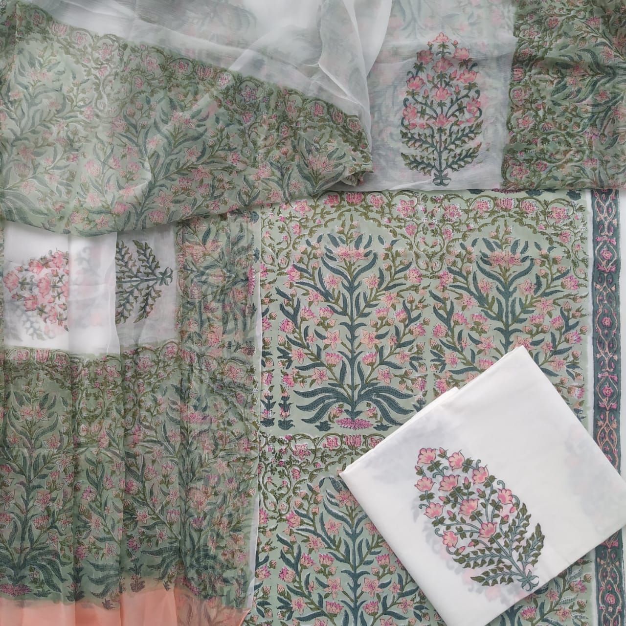 Shop Unstitched Hand Block Print Pure Cotton Chiffon Dupatta Suits (TPCHF96)