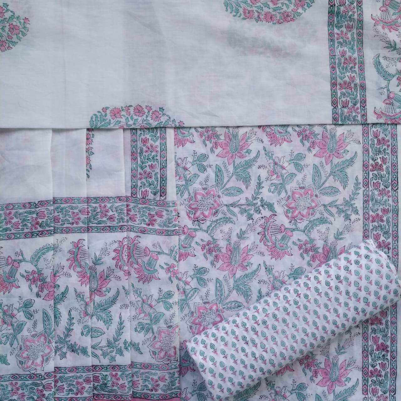 Shop Unstitched Hand Block Print Pure Cotton Suits with Mulmul Dupatta (TPRMUL159)