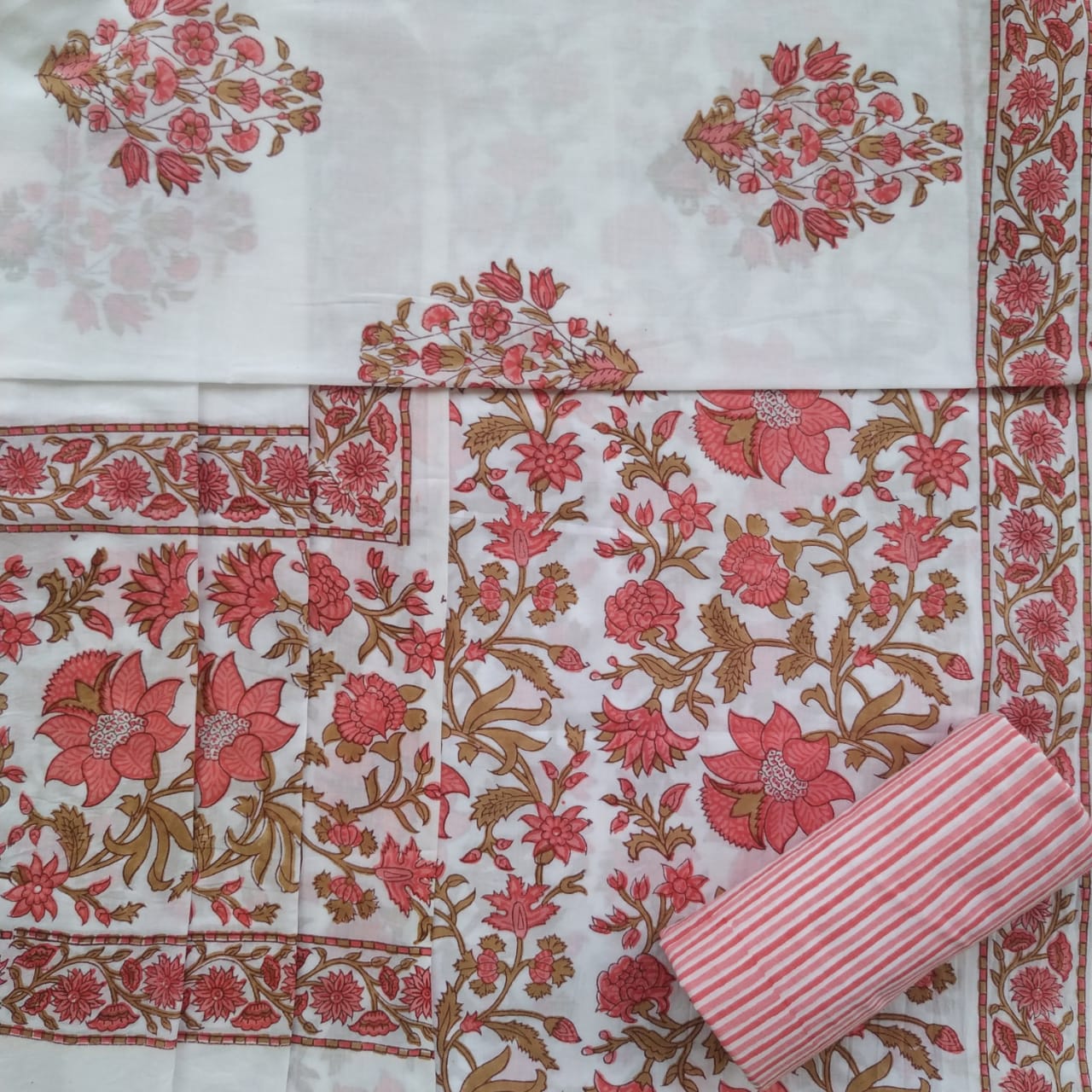 Shop Unstitched Hand Block Print Pure Cotton Suits with Mulmul Dupatta (TPRMUL178)