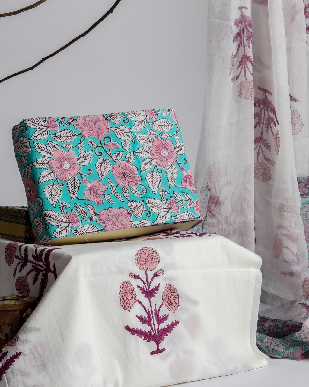 Designer Hand Block Floral Print Cotton Suit with Chiffon Dupatta (PCHF123)